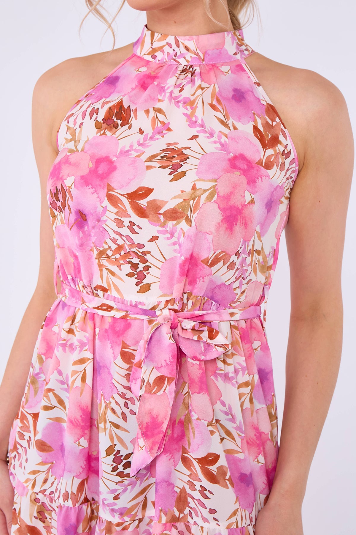 8Pcs Pink Floral Print Halter Neck Maxi Dress