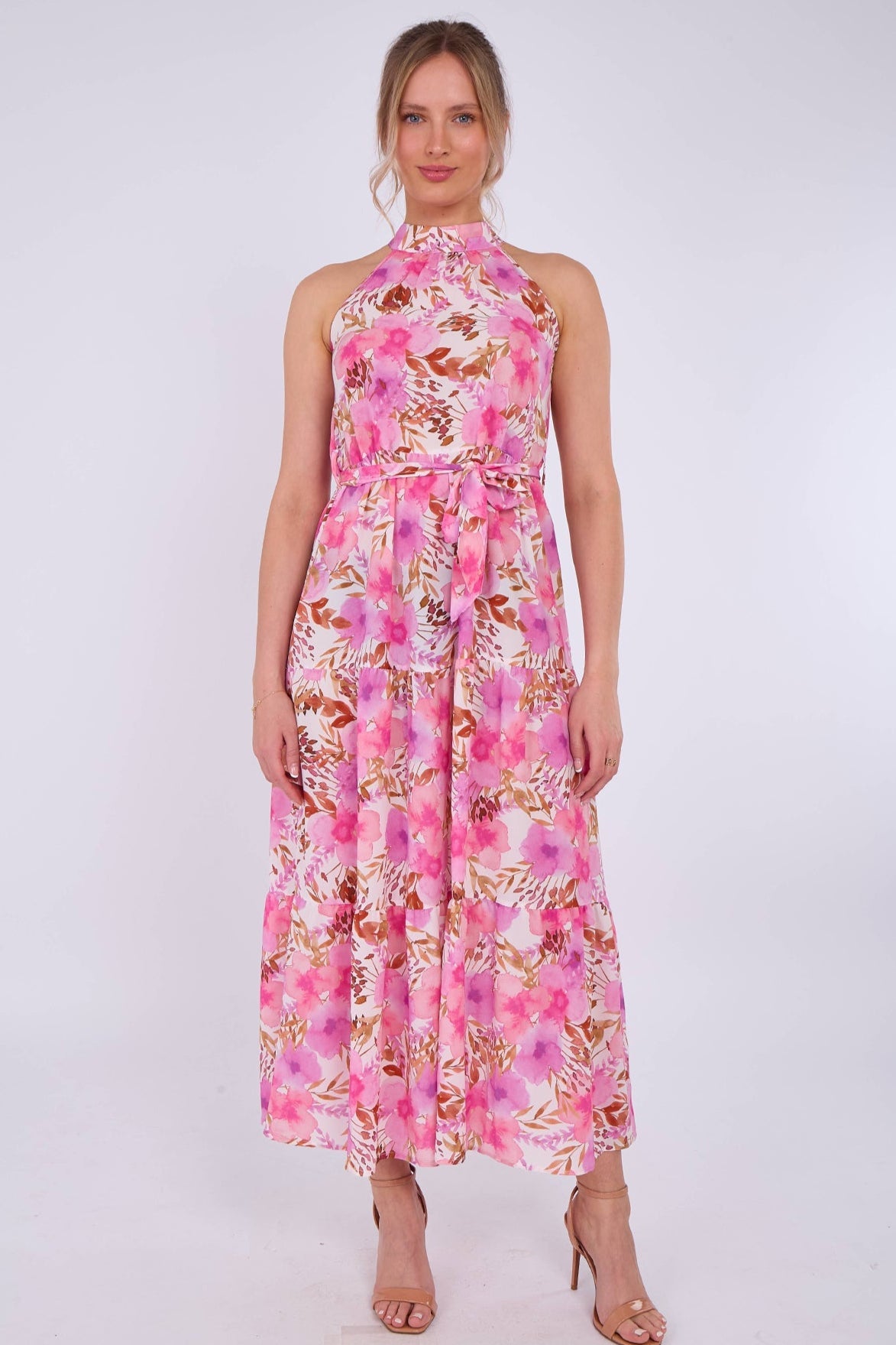 8Pcs Pink Floral Print Halter Neck Maxi Dress