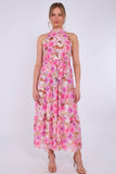 8Pcs Pink Floral Print Halter Neck Maxi Dress