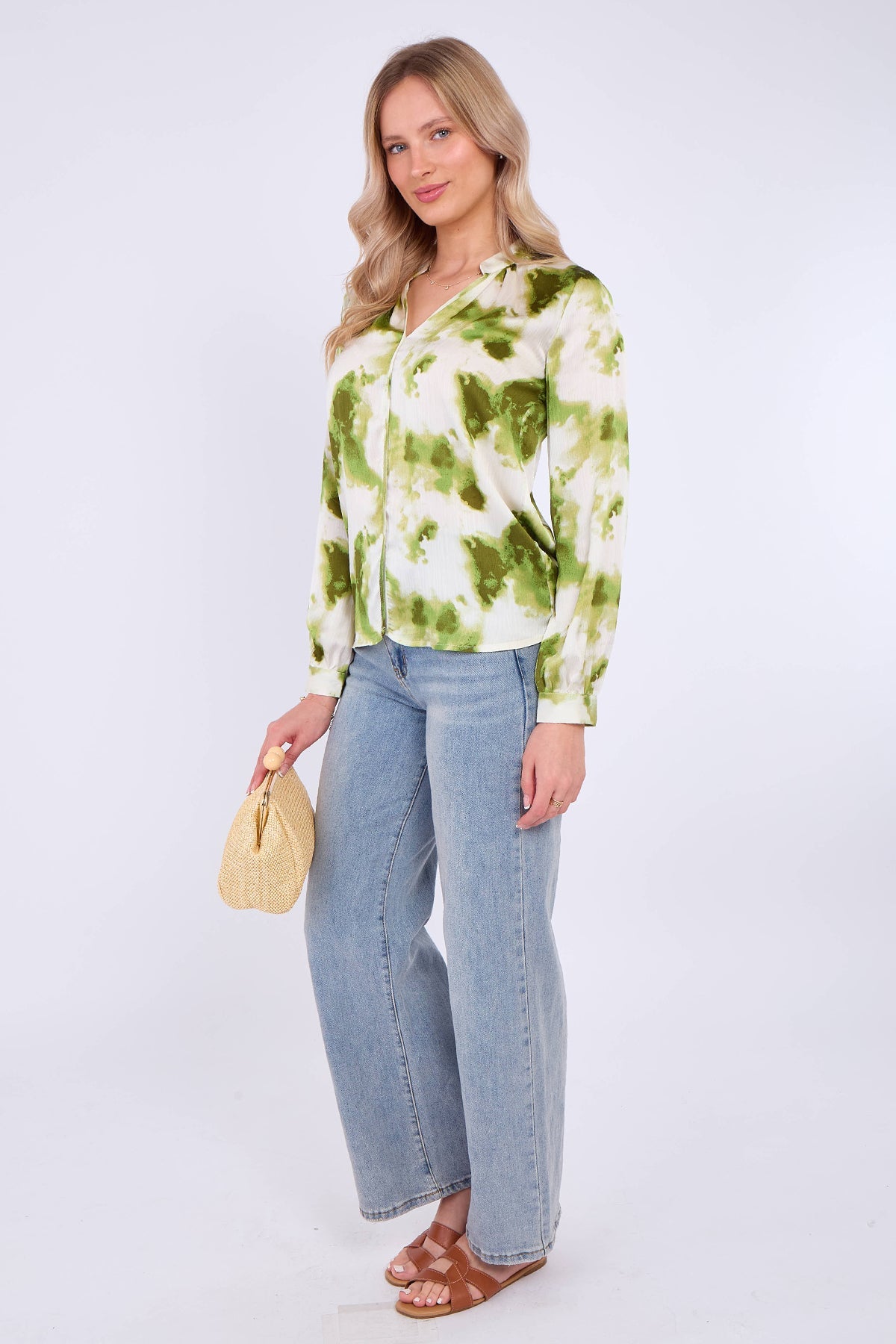 8Pcs Green Watercolour Print Satin Blouse