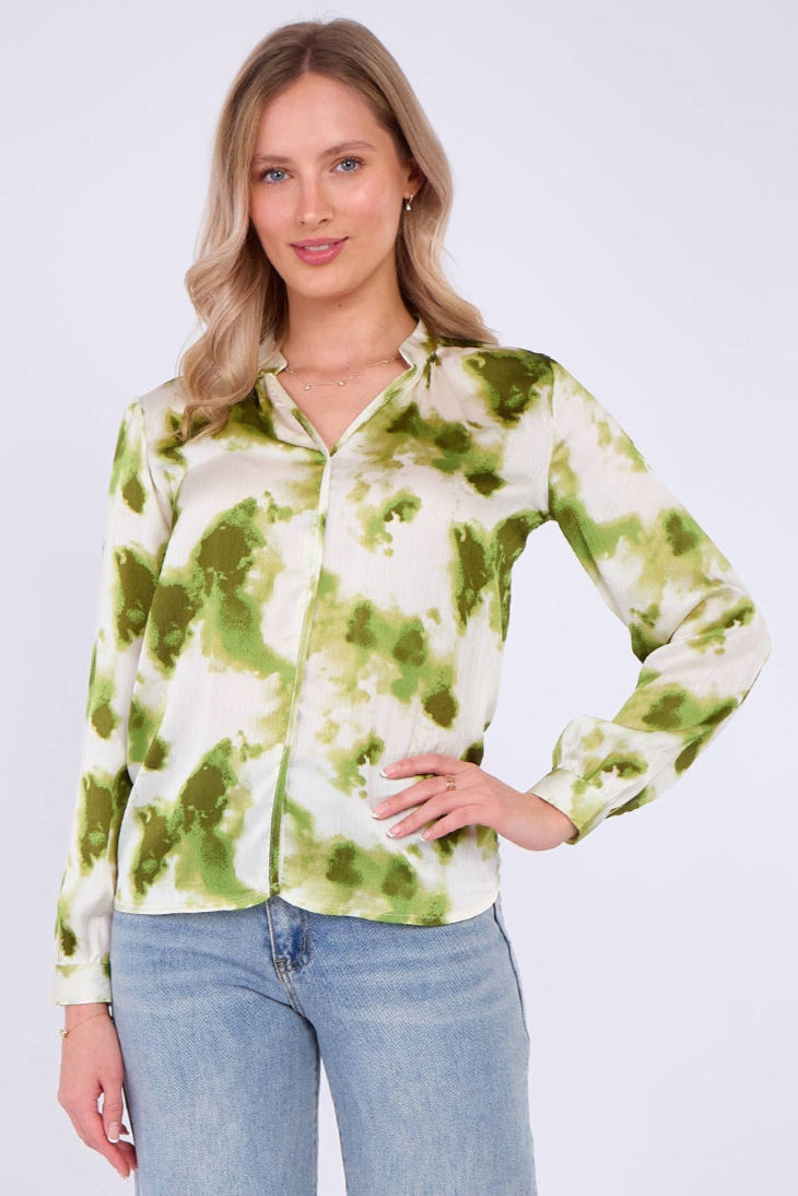 8Pcs Green Watercolour Print Satin Blouse