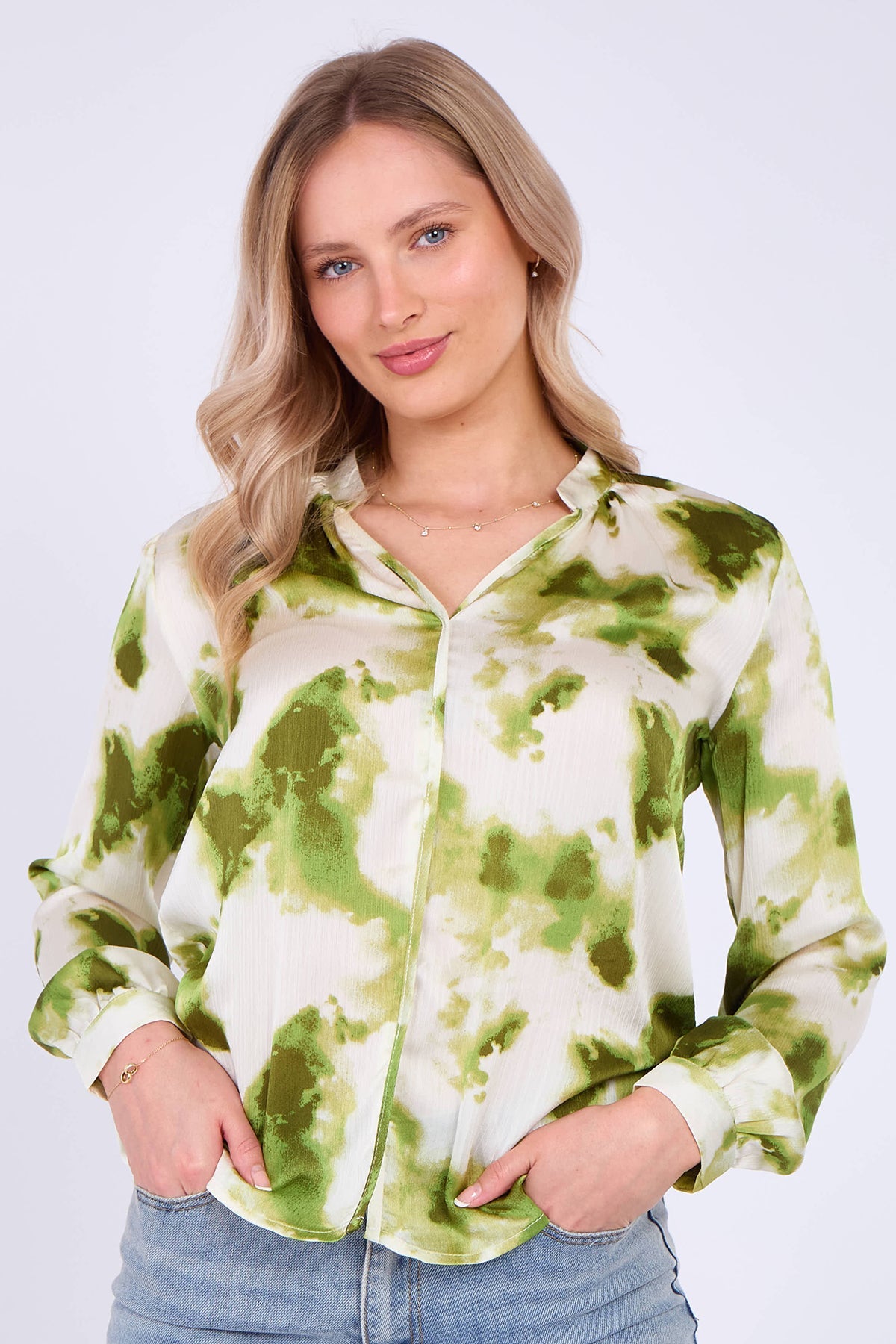 8Pcs Green Watercolour Print Satin Blouse