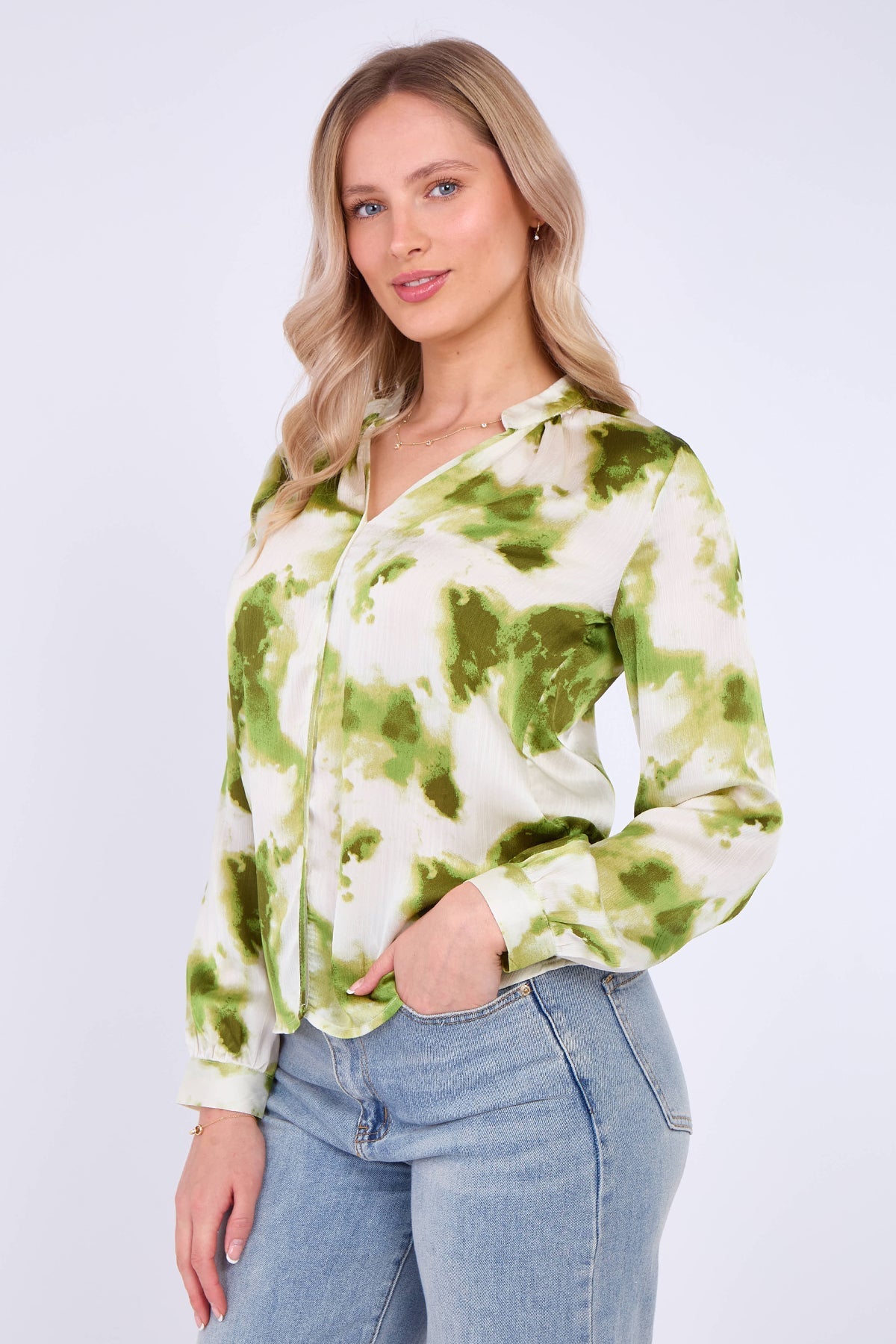 8Pcs Green Watercolour Print Satin Blouse