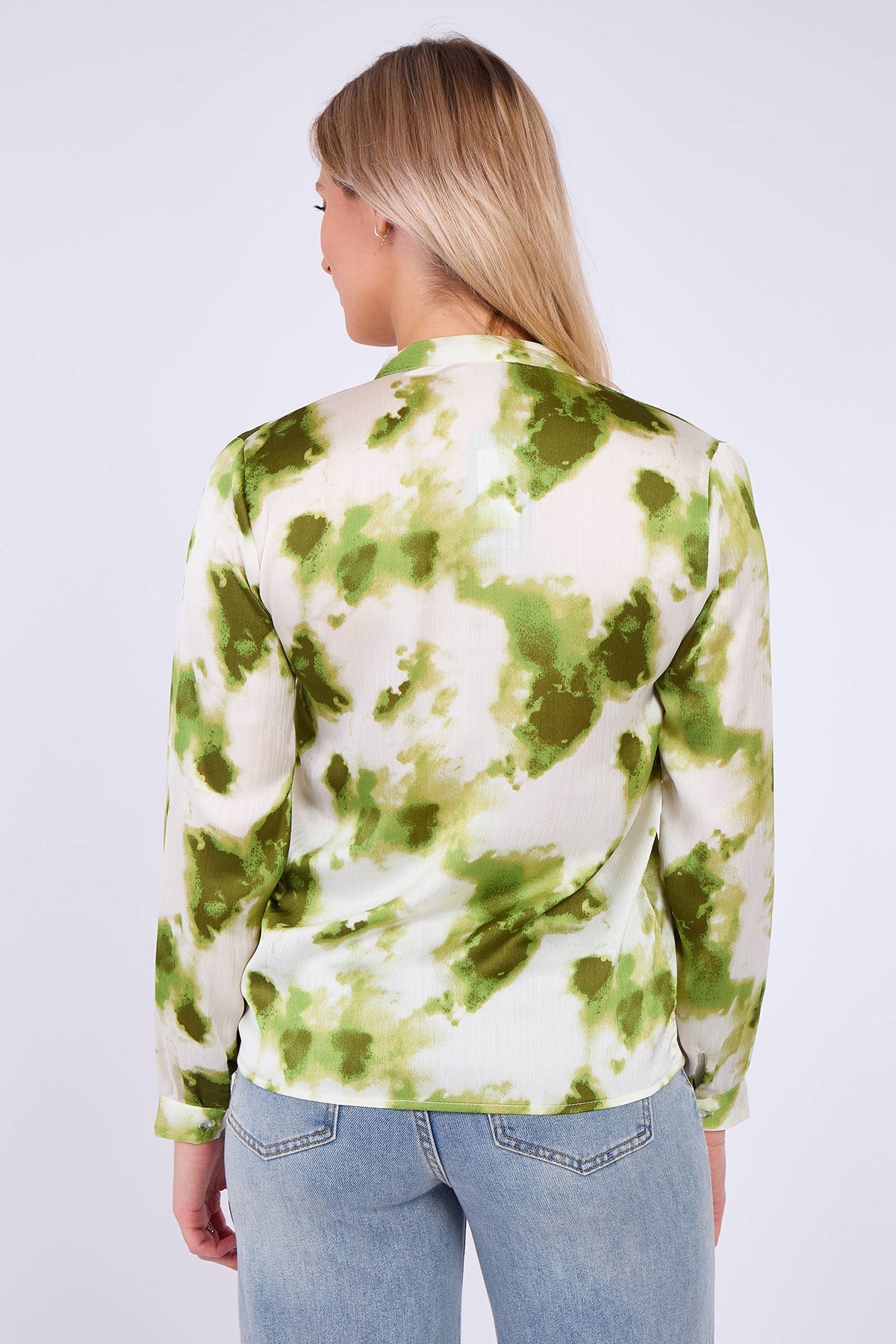 8Pcs Green Watercolour Print Satin Blouse