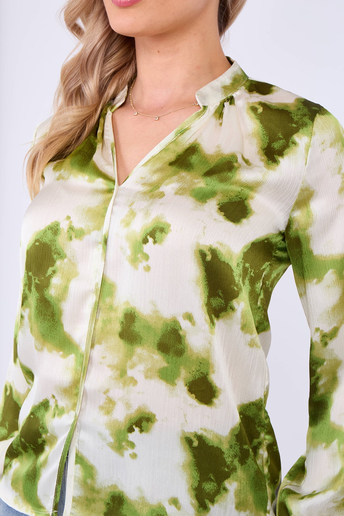 8Pcs Green Watercolour Print Satin Blouse