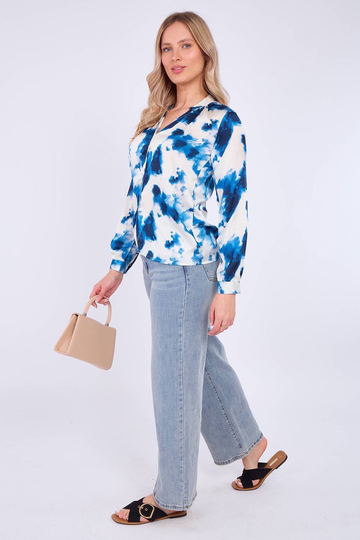 8Pcs Blue Watercolour Print Satin Blouse