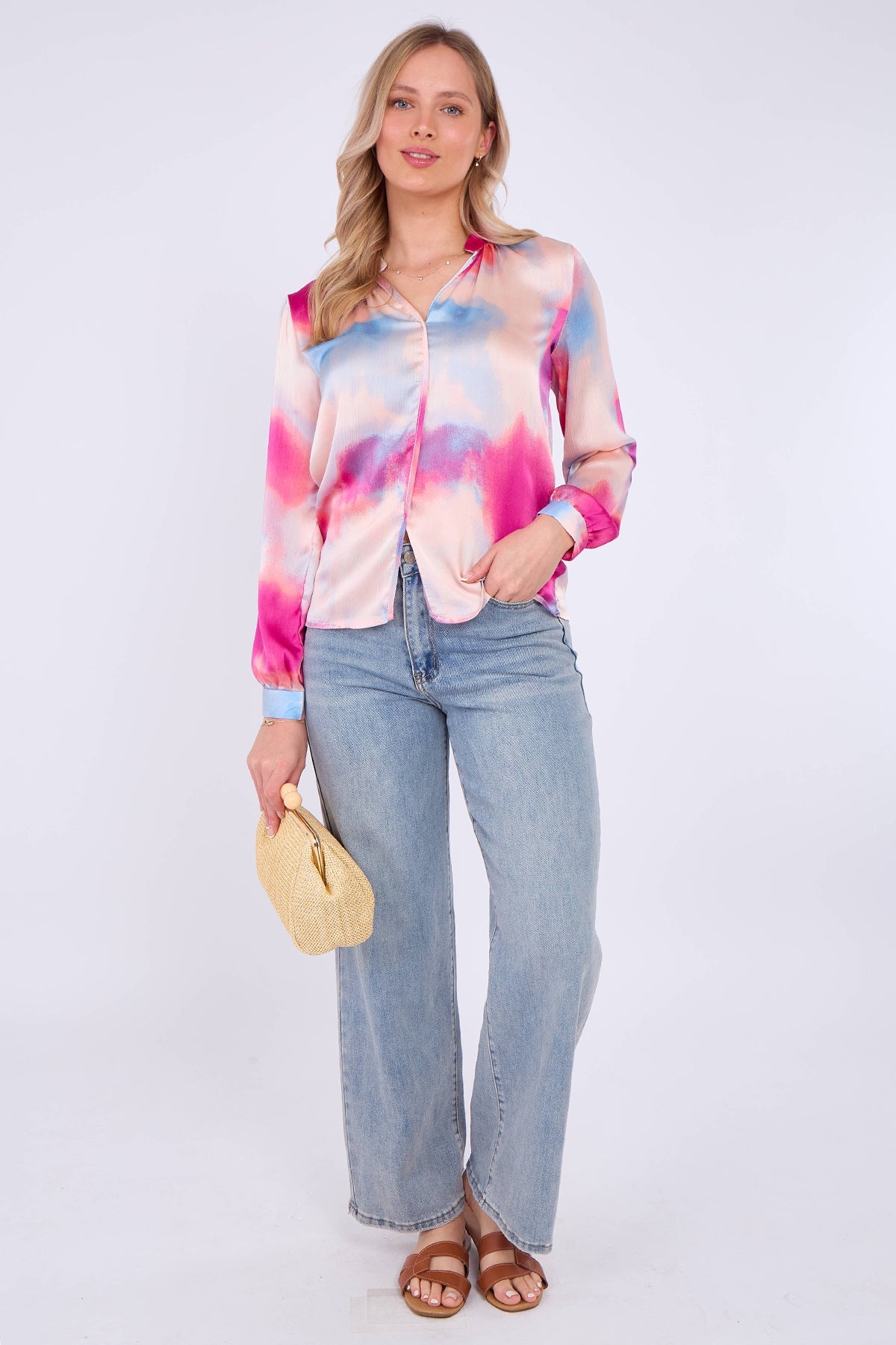 8Pcs Pink Pastel Tie Dye Print Satin Blouse