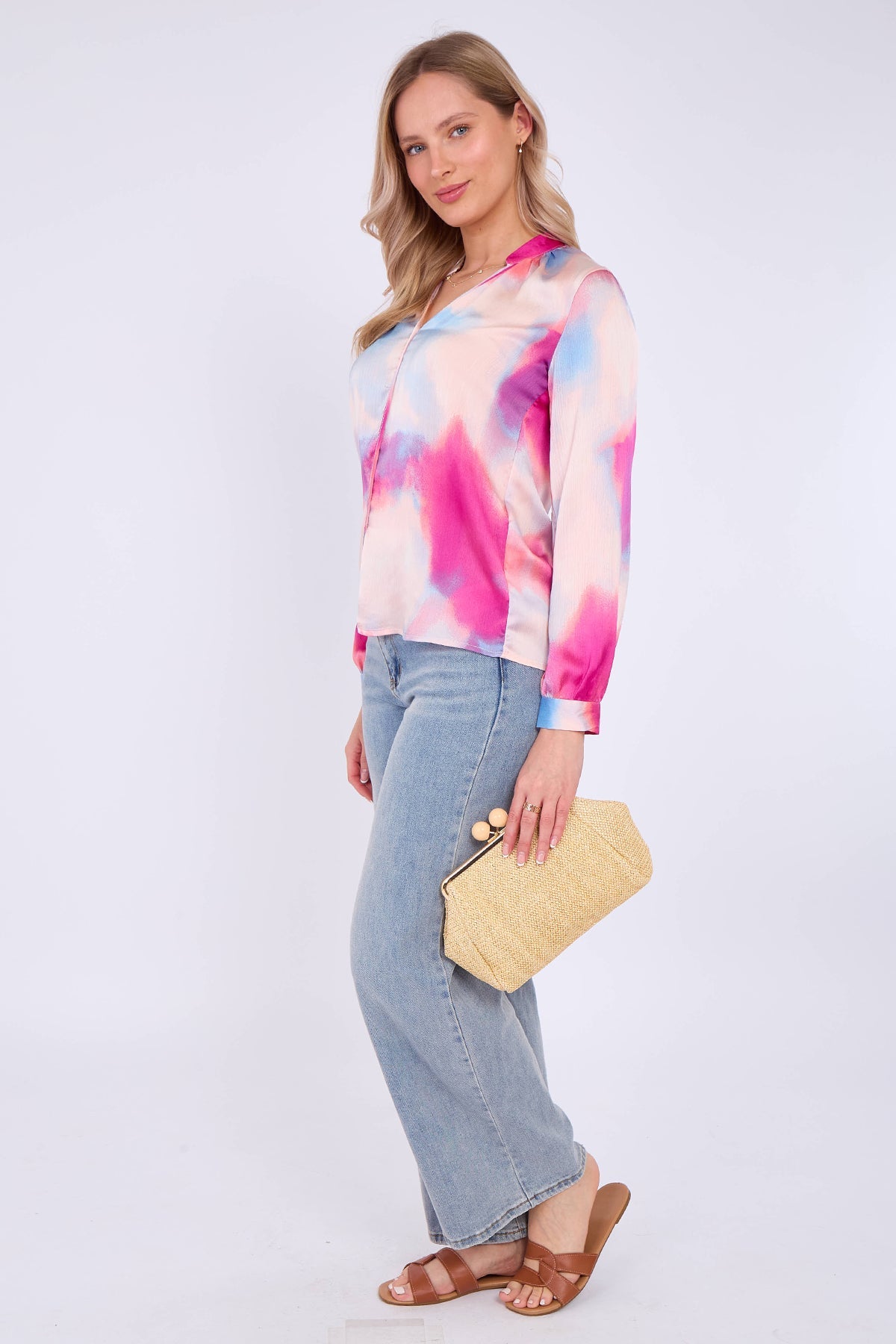 8Pcs Pink Pastel Tie Dye Print Satin Blouse