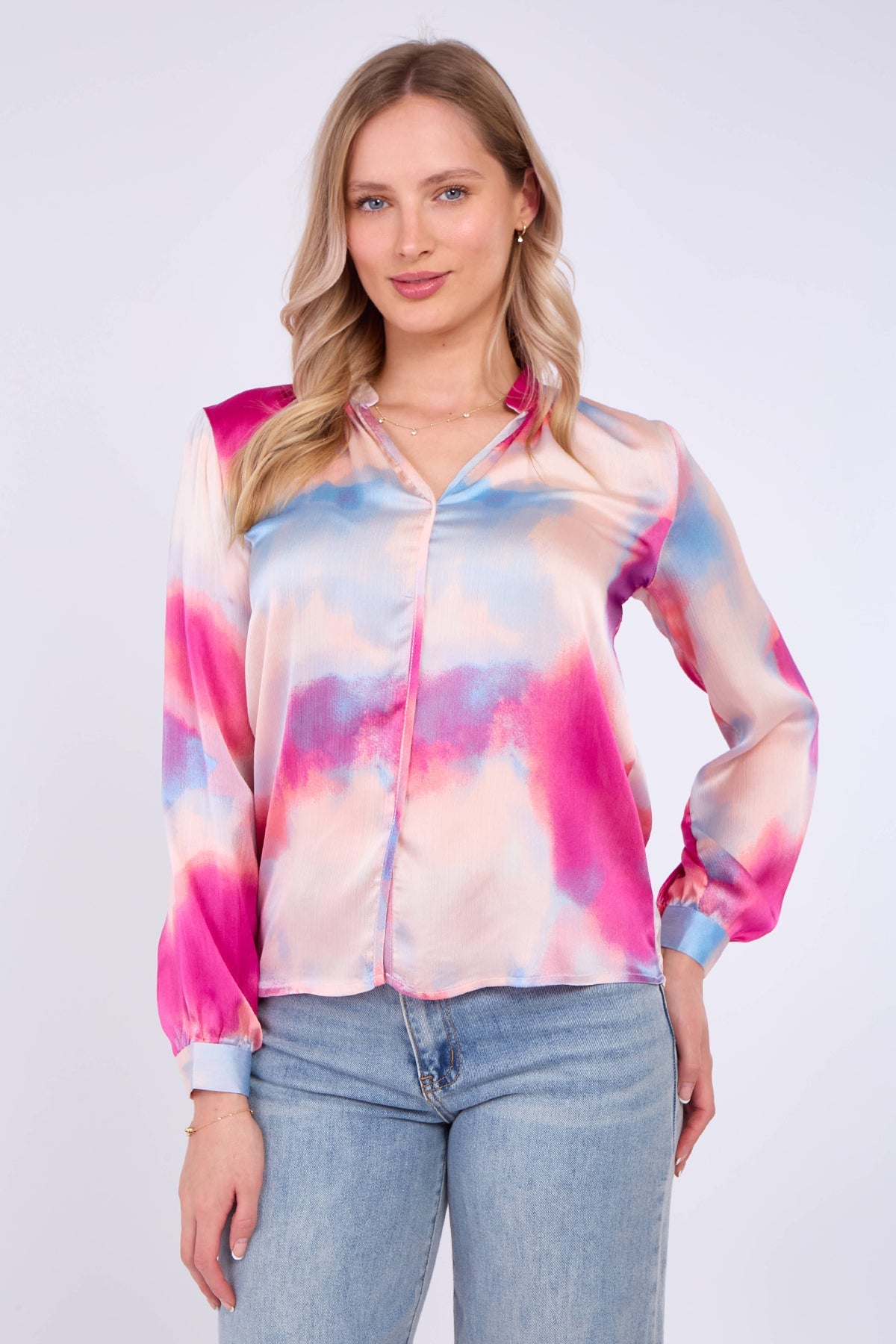 8Pcs Pink Pastel Tie Dye Print Satin Blouse