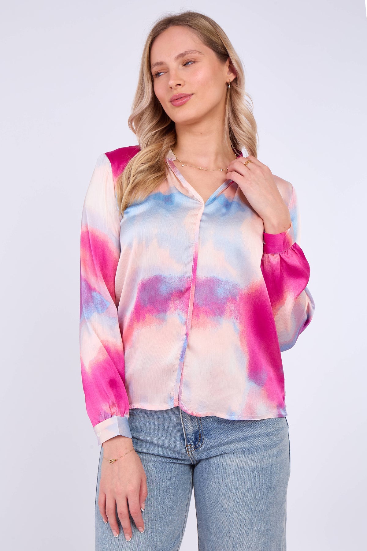 8Pcs Pink Pastel Tie Dye Print Satin Blouse