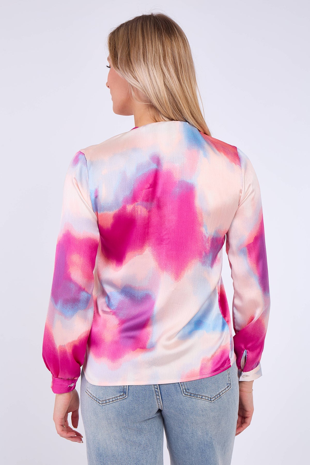 8Pcs Pink Pastel Tie Dye Print Satin Blouse