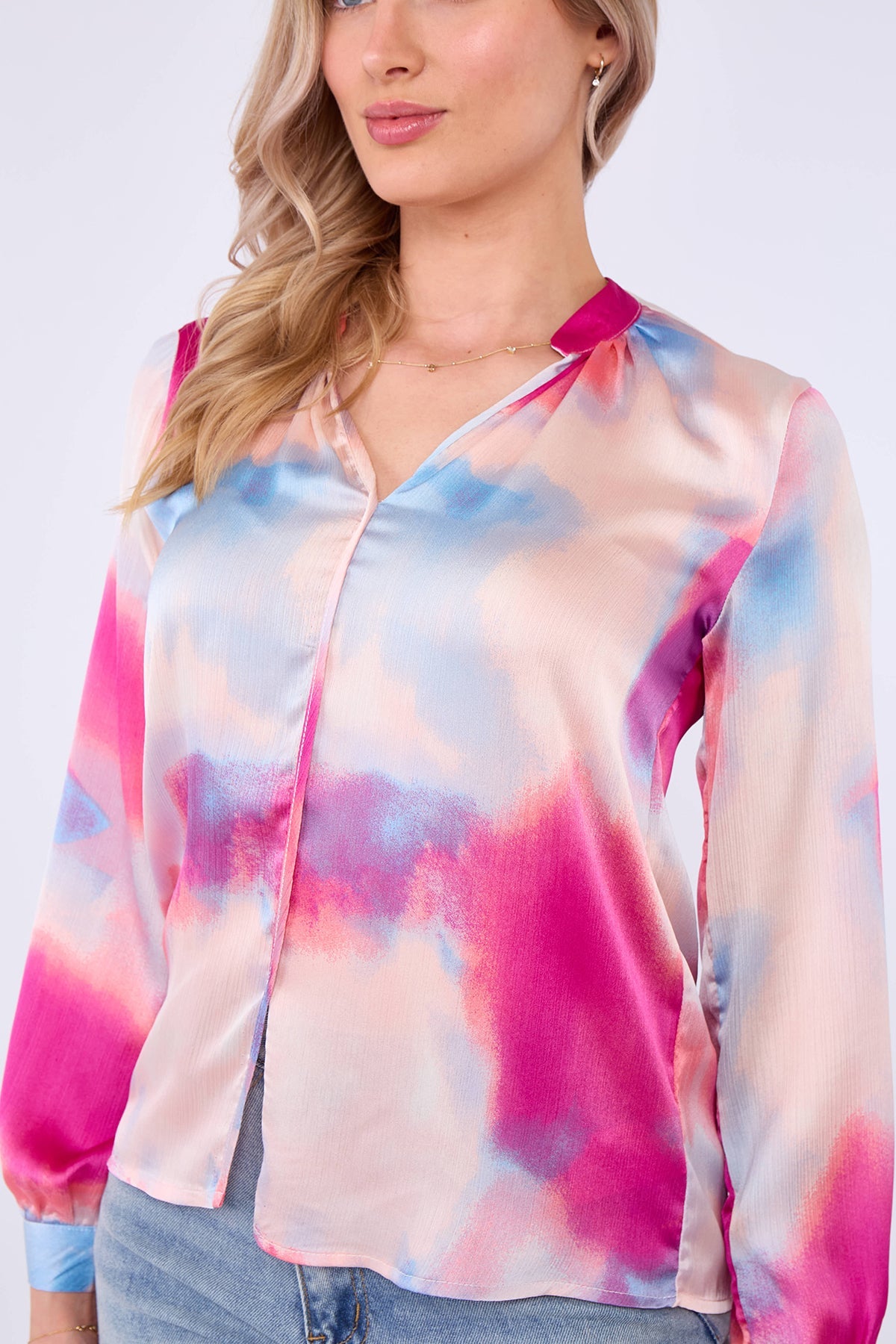 8Pcs Pink Pastel Tie Dye Print Satin Blouse