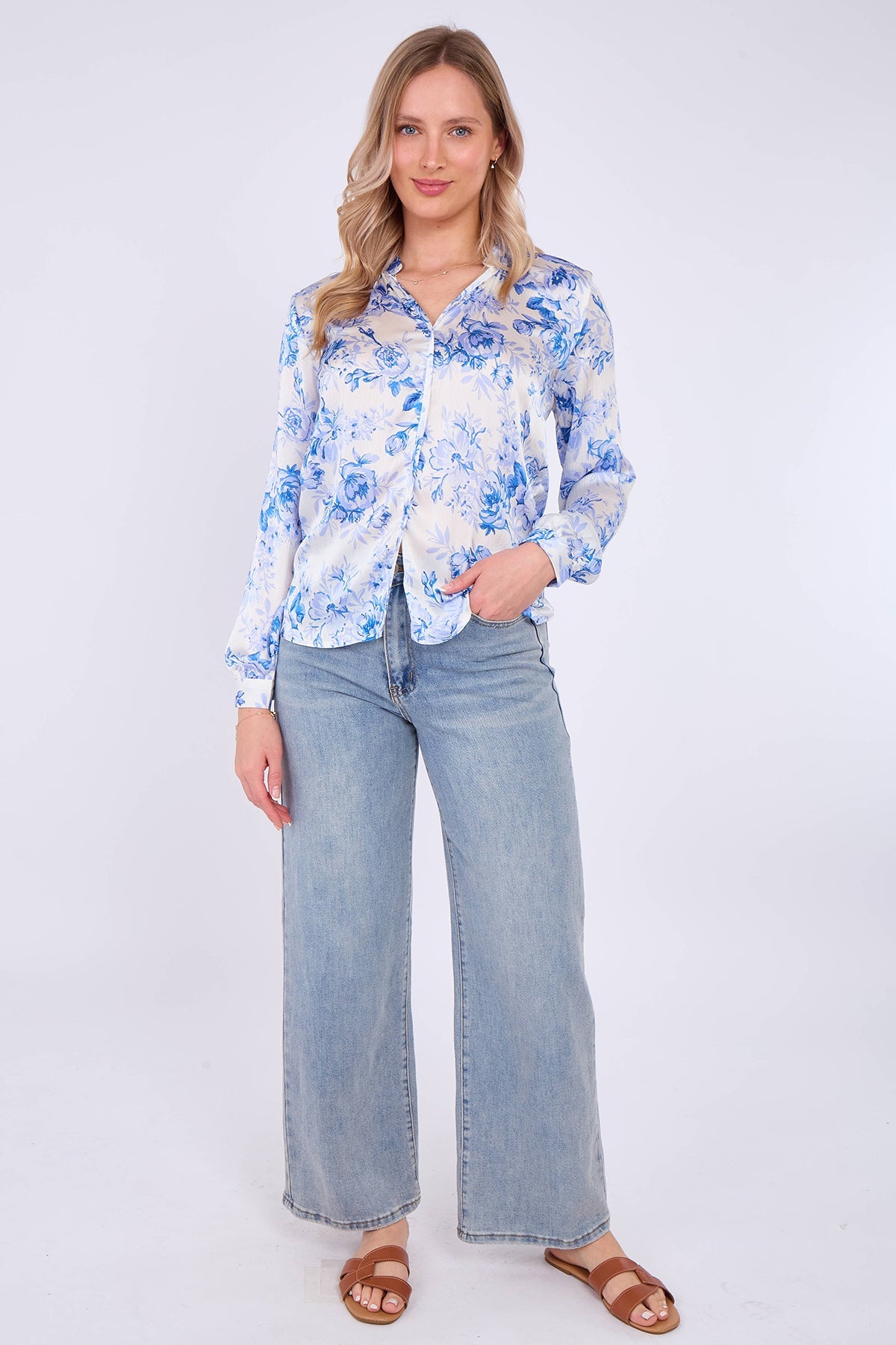 8Pcs Blue Floral Print Satin Blouse