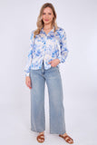 8Pcs Blue Floral Print Satin Blouse