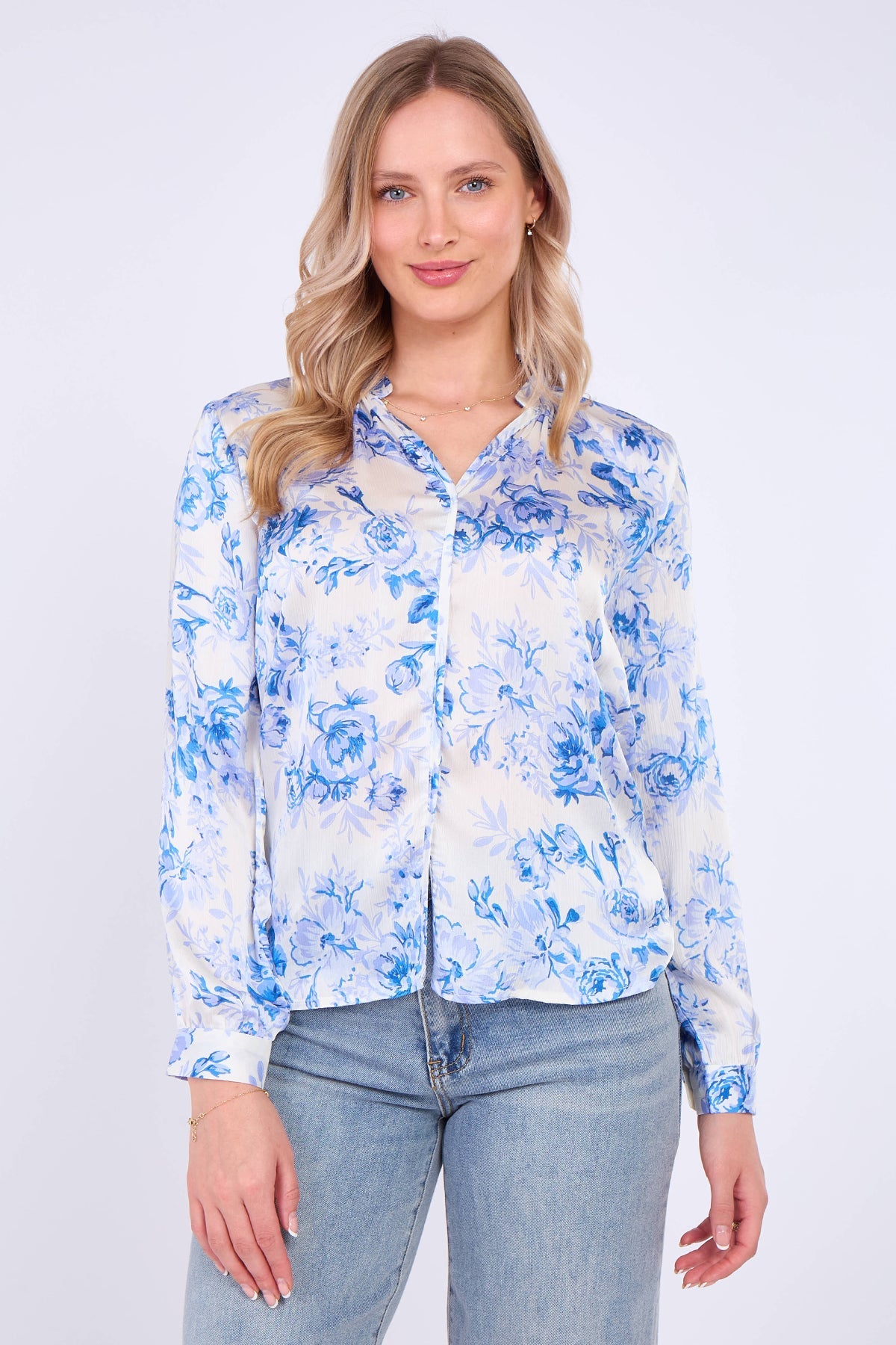 8Pcs Blue Floral Print Satin Blouse