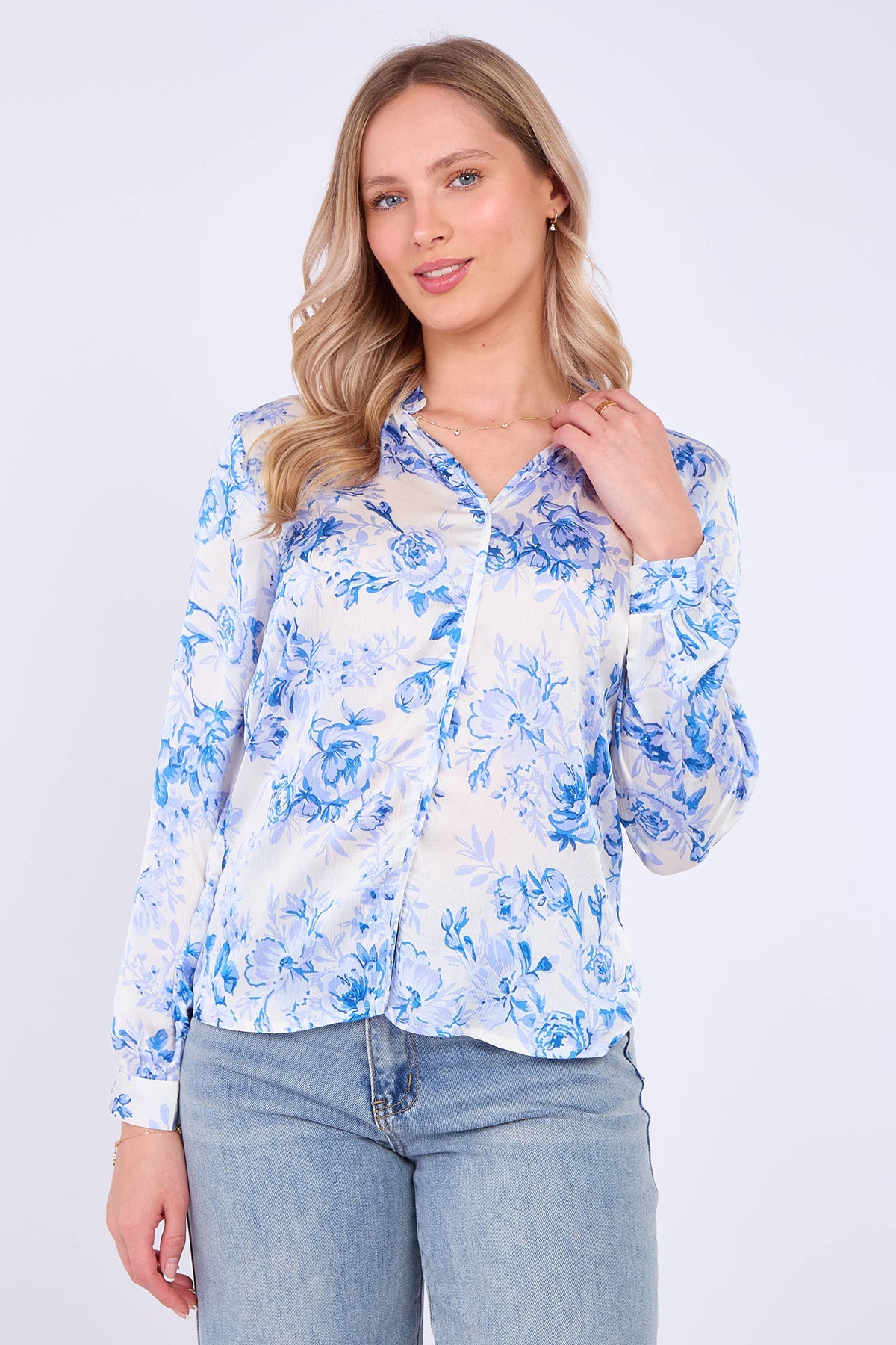 8Pcs Blue Floral Print Satin Blouse