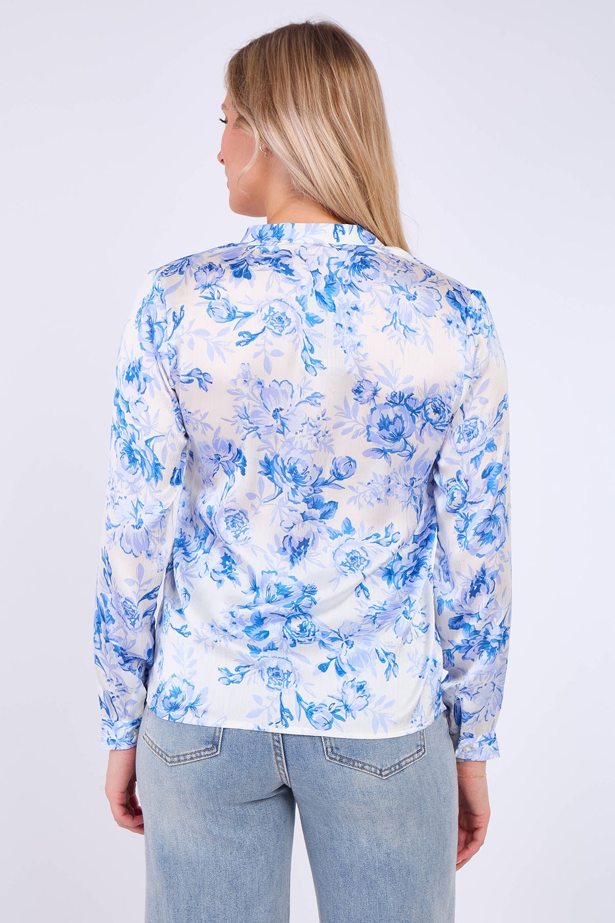 8Pcs Blue Floral Print Satin Blouse
