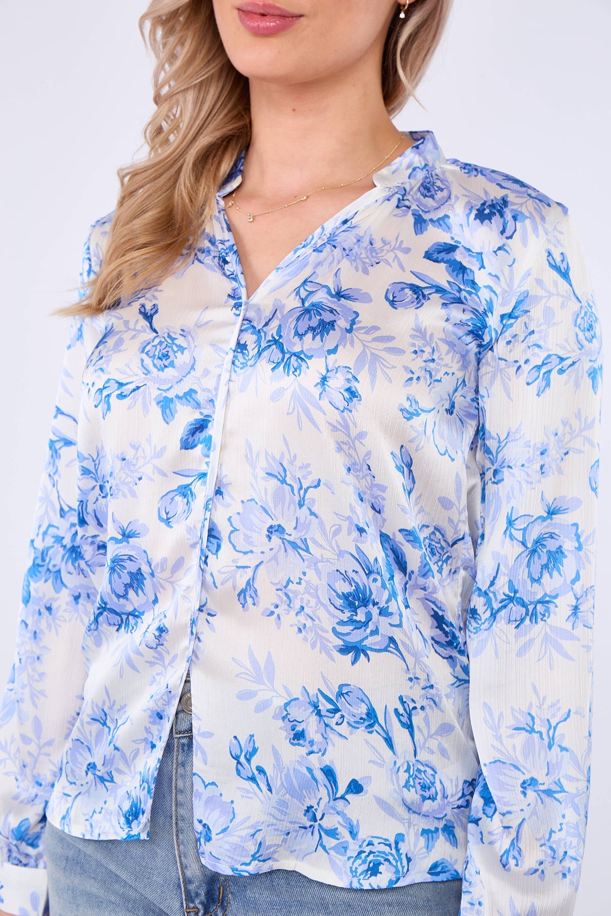 8Pcs Blue Floral Print Satin Blouse