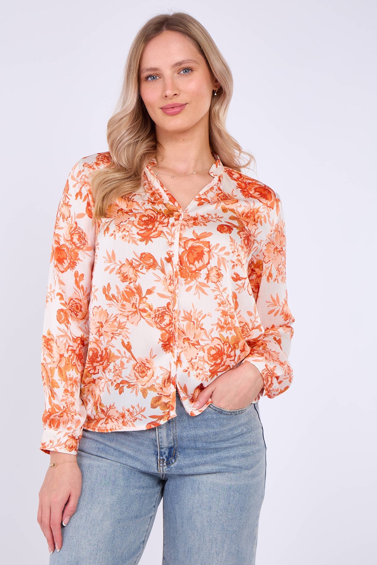 8Pcs Orange Floral Print Satin Blouse