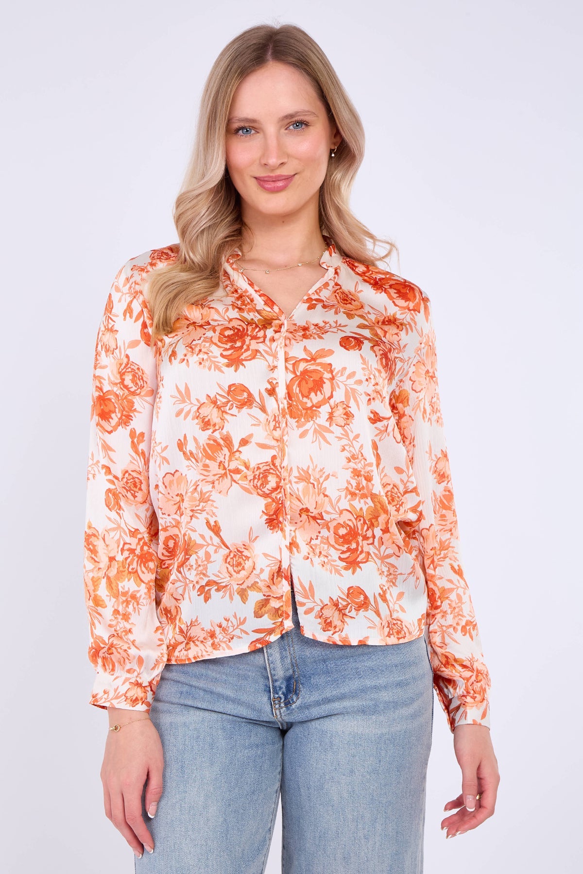 8Pcs Orange Floral Print Satin Blouse