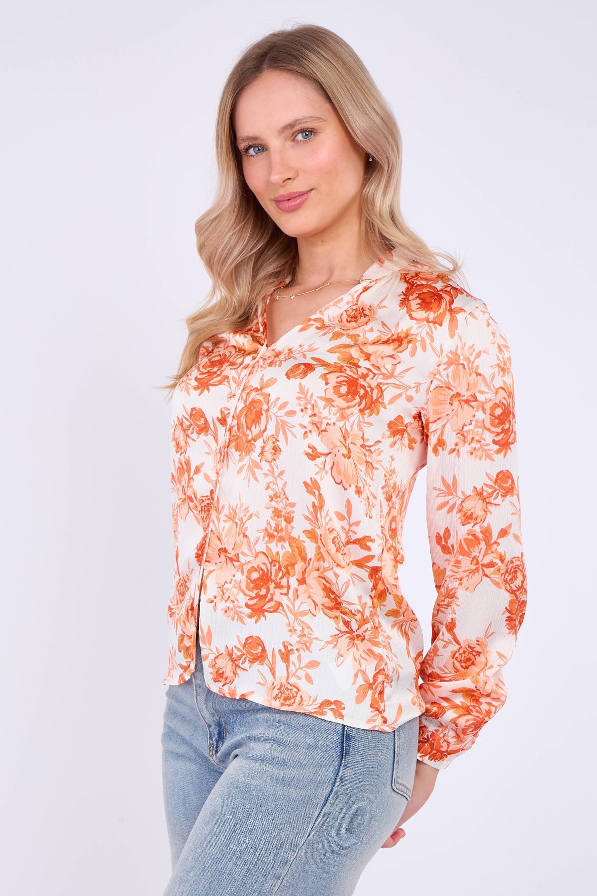 8Pcs Orange Floral Print Satin Blouse
