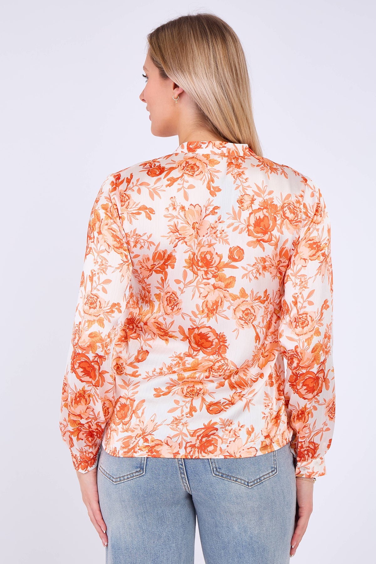 8Pcs Orange Floral Print Satin Blouse