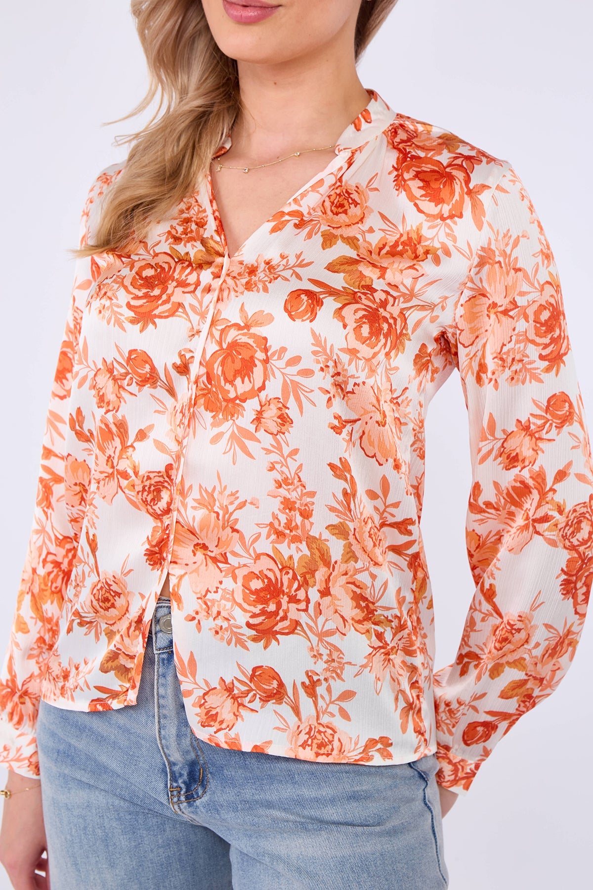 8Pcs Orange Floral Print Satin Blouse