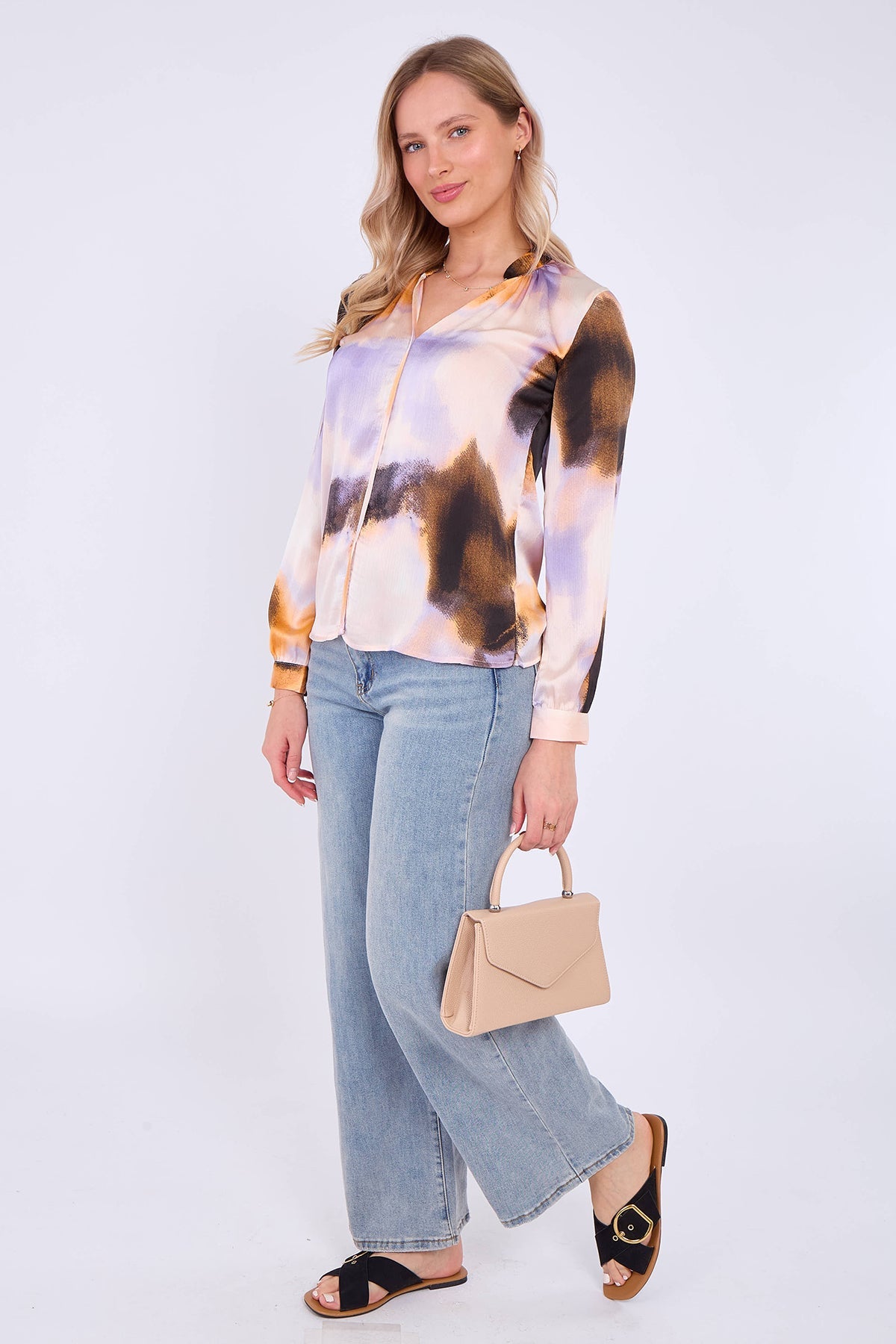 8Pcs Purple and Brown Tie Dye Print Satin Blouse