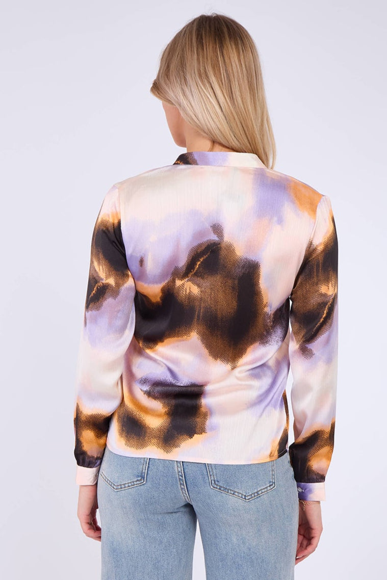 8Pcs Purple and Brown Tie Dye Print Satin Blouse