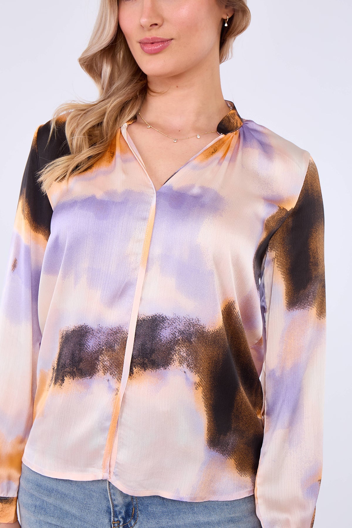 8Pcs Purple and Brown Tie Dye Print Satin Blouse