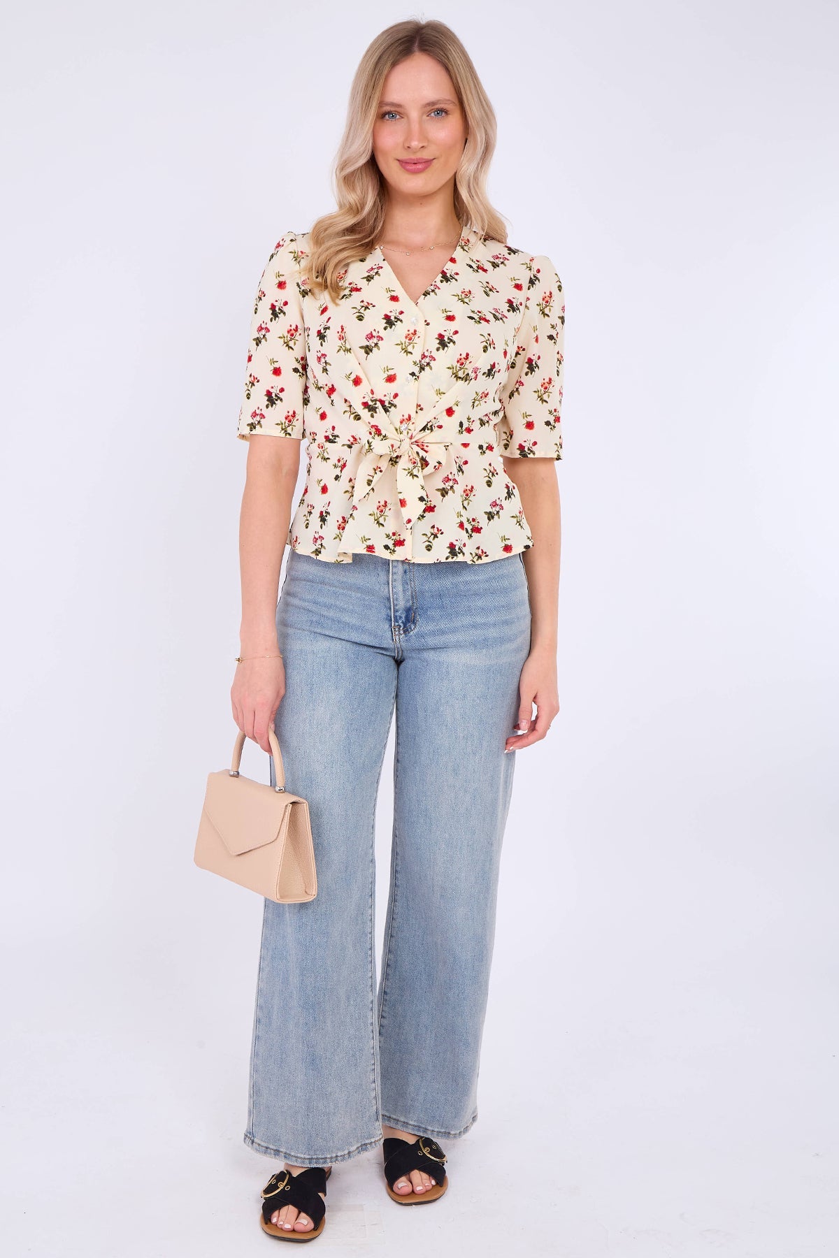 8Pcs White Floral Print Short Sleeve Knotted Top