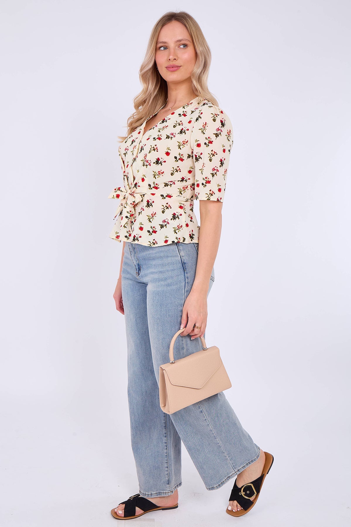8Pcs White Floral Print Short Sleeve Knotted Top