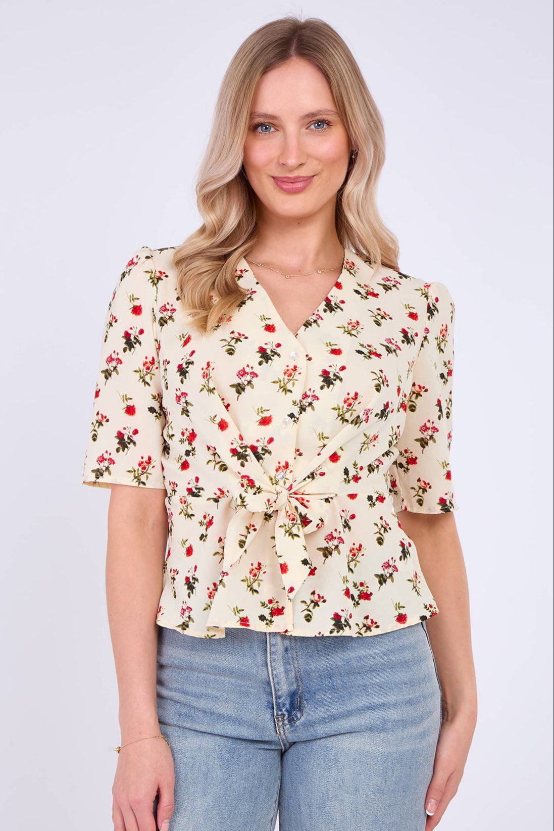 8Pcs White Floral Print Short Sleeve Knotted Top