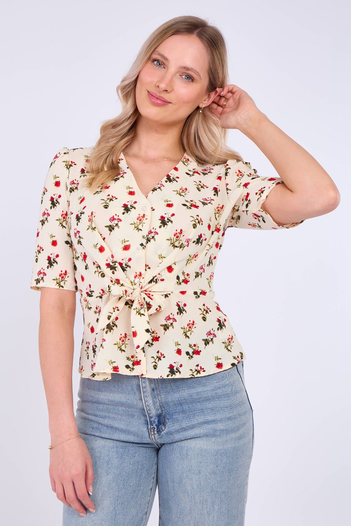 8Pcs White Floral Print Short Sleeve Knotted Top