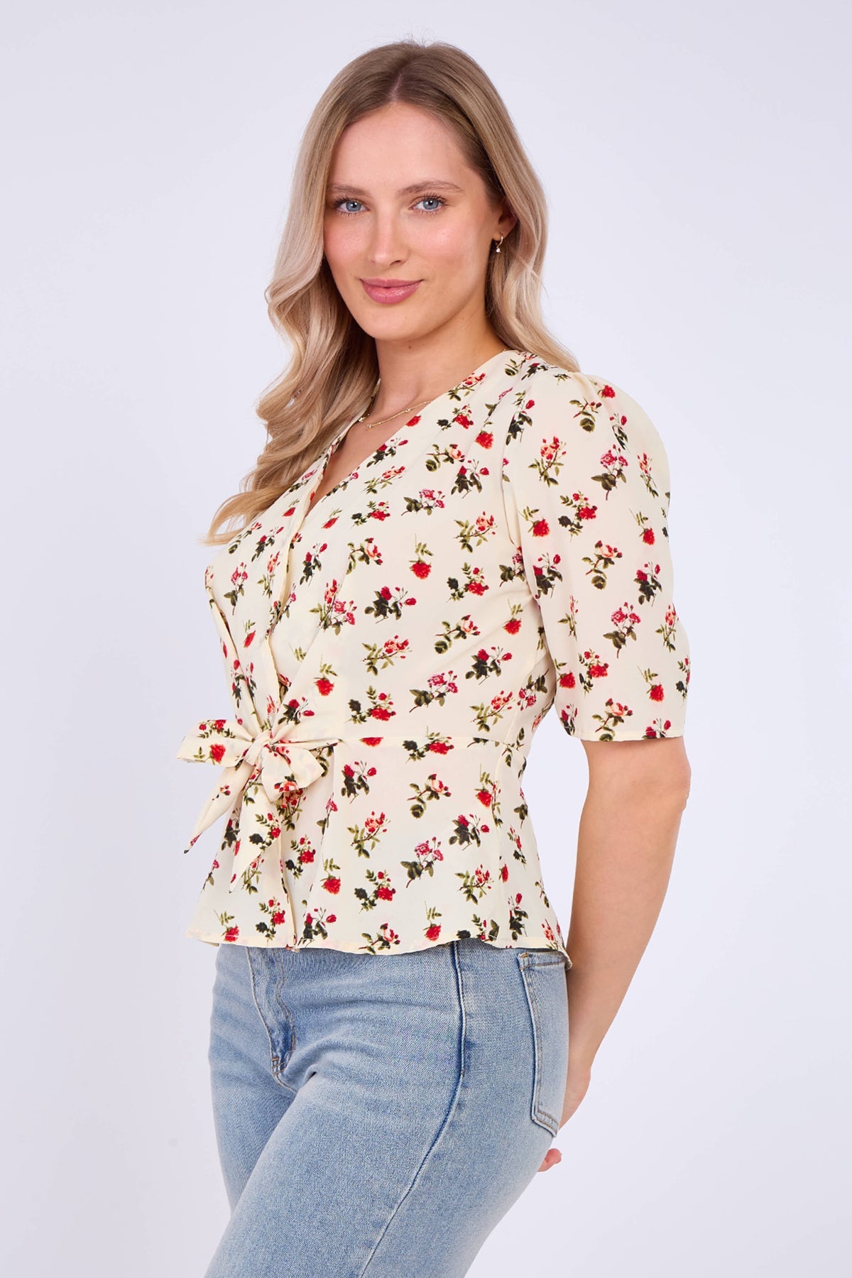 8Pcs White Floral Print Short Sleeve Knotted Top