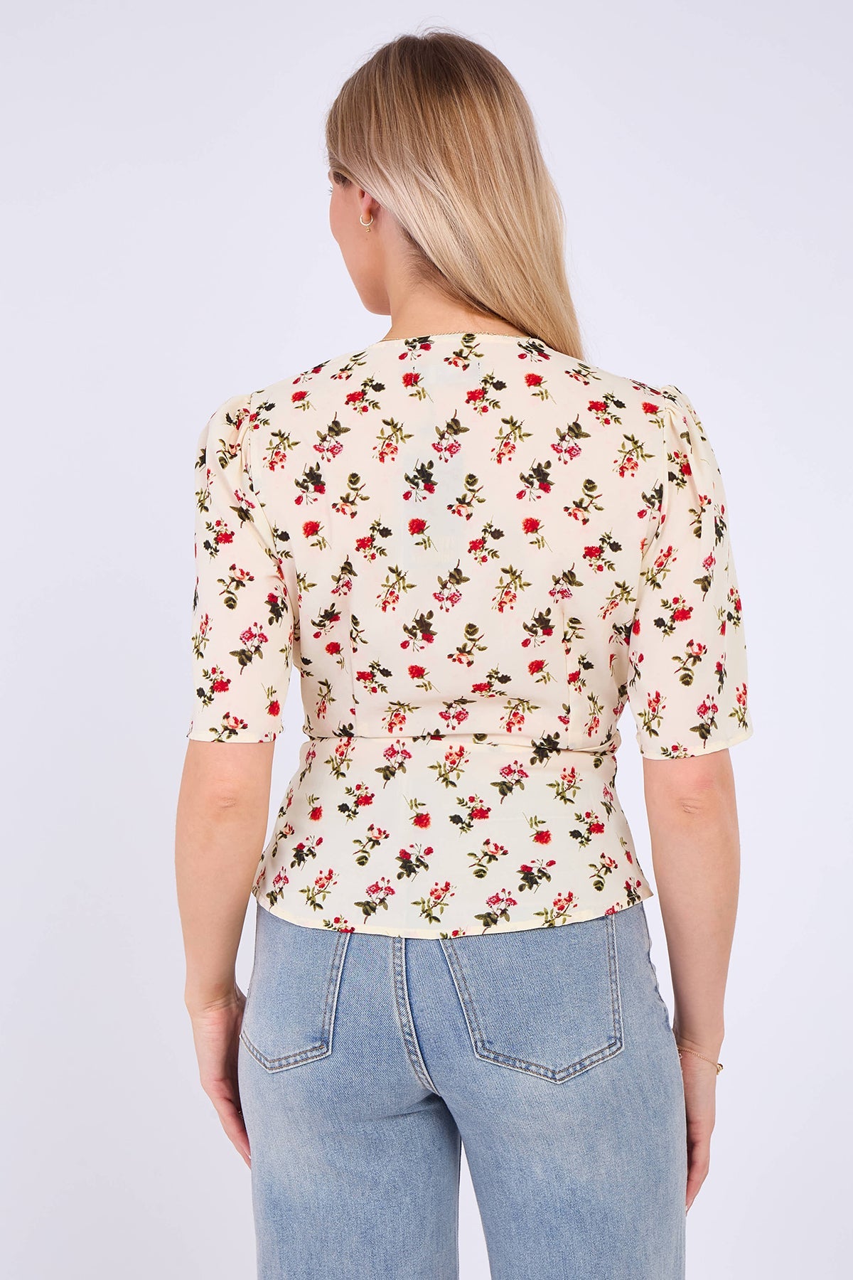8Pcs White Floral Print Short Sleeve Knotted Top