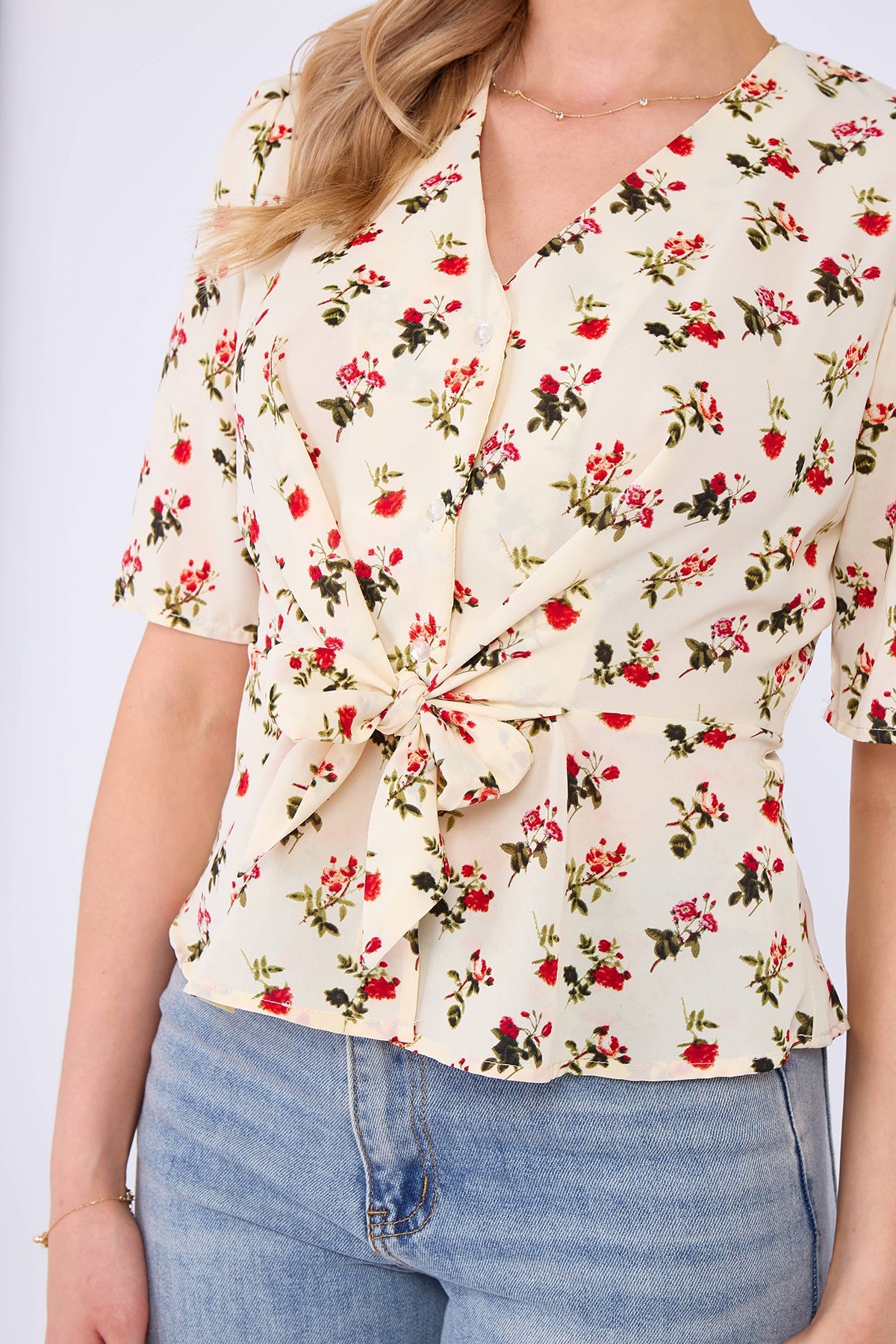 8Pcs White Floral Print Short Sleeve Knotted Top