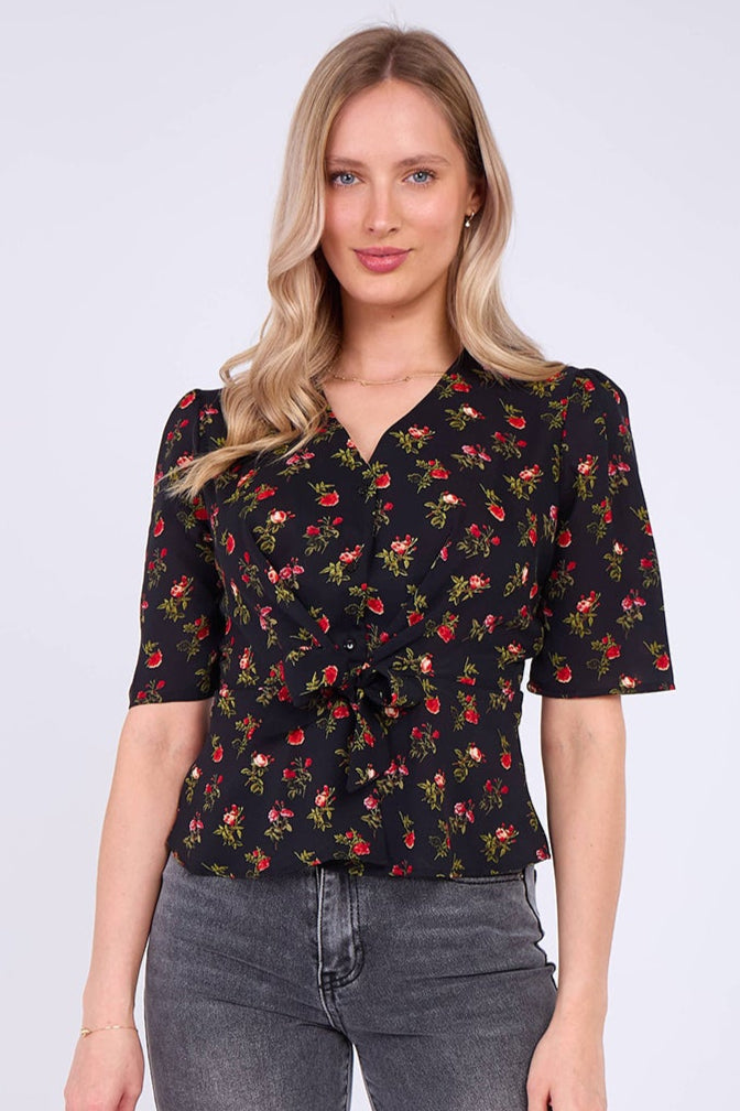 8Pcs Black Floral Print Short Sleeve Knotted Top
