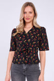 8Pcs Black Floral Print Short Sleeve Knotted Top