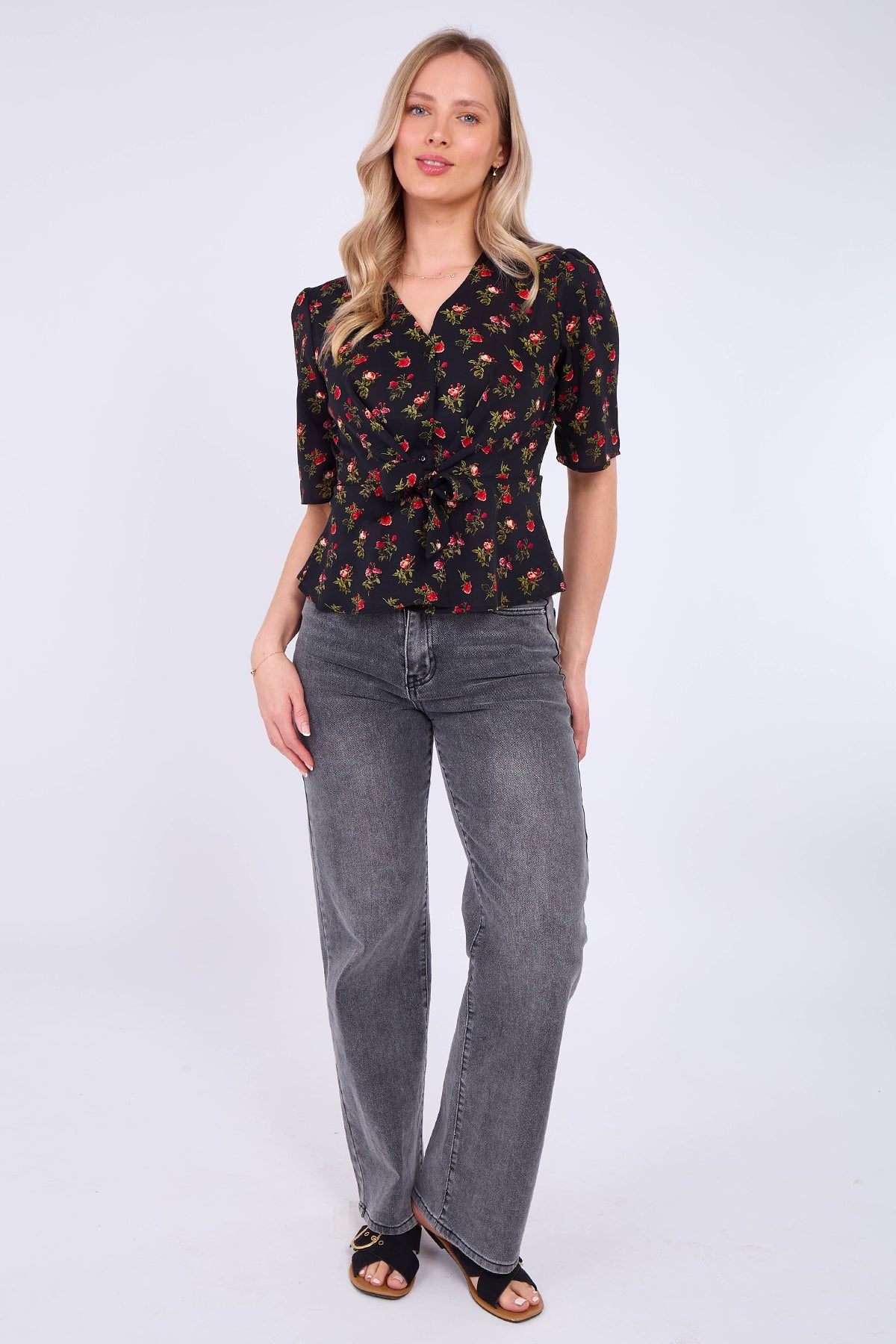 8Pcs Black Floral Print Short Sleeve Knotted Top