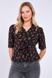 8Pcs Black Floral Print Short Sleeve Knotted Top