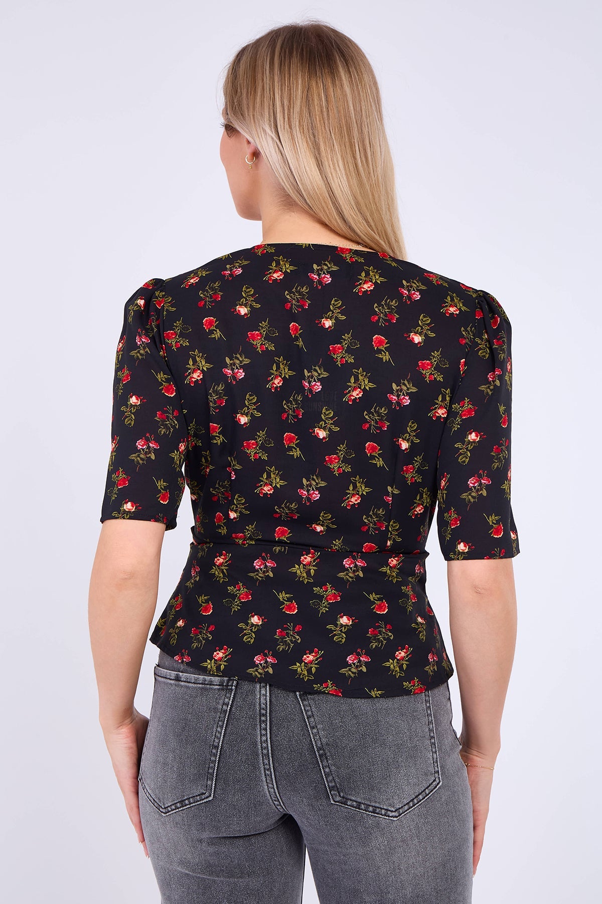 8Pcs Black Floral Print Short Sleeve Knotted Top