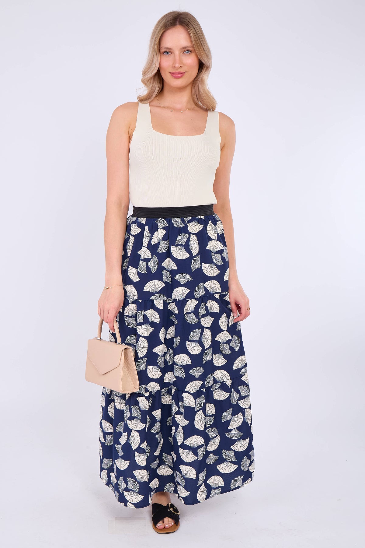 8Pcs Navy Ginkgo Print Tiered Maxi Skirt