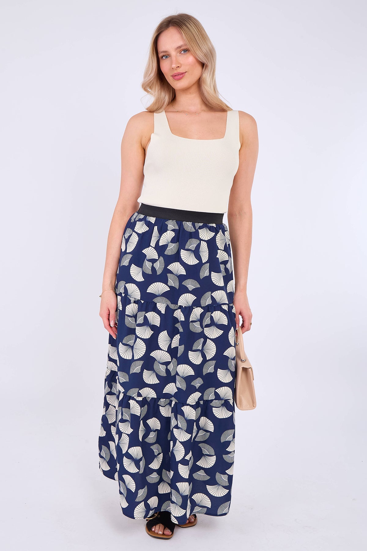8Pcs Navy Ginkgo Print Tiered Maxi Skirt