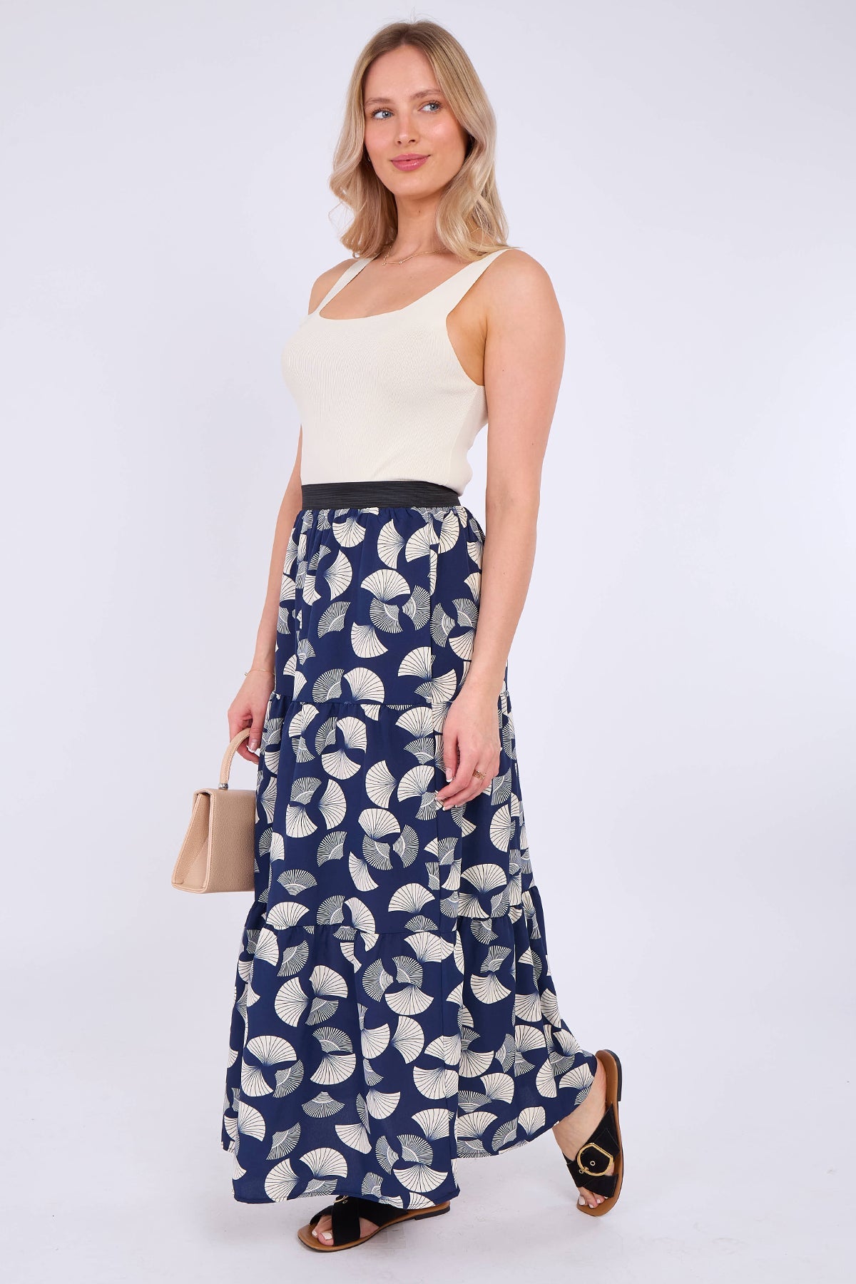 8Pcs Navy Ginkgo Print Tiered Maxi Skirt