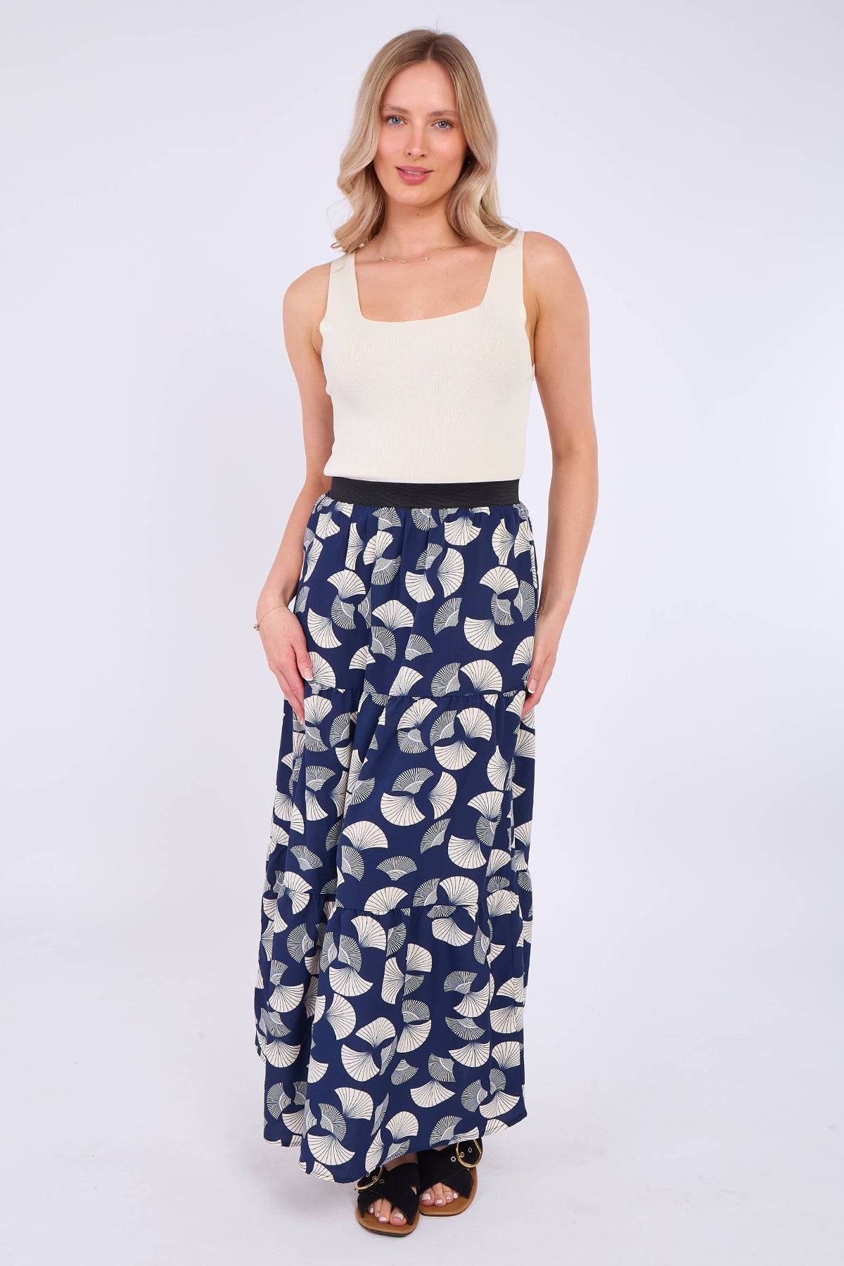 8Pcs Navy Ginkgo Print Tiered Maxi Skirt