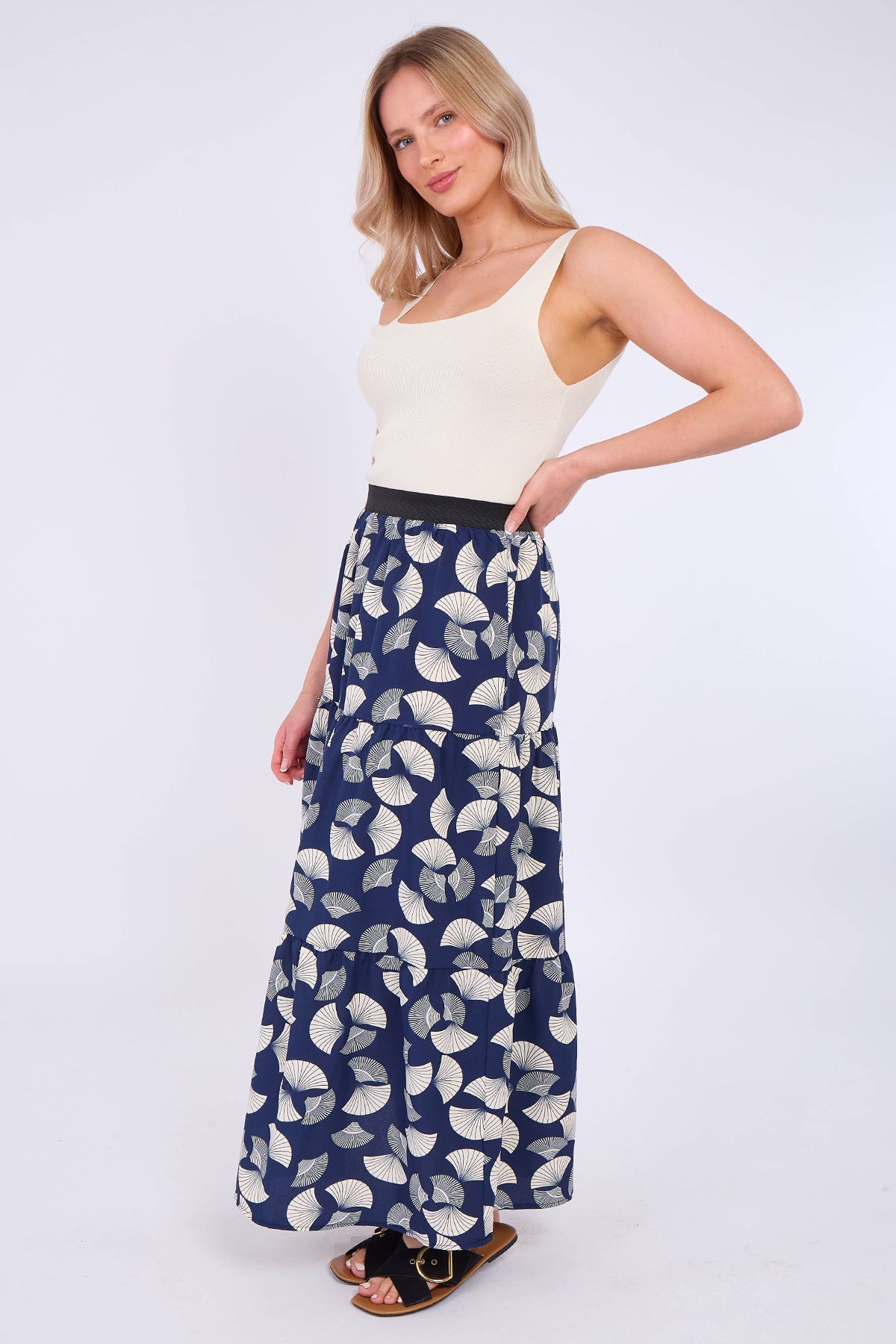 8Pcs Navy Ginkgo Print Tiered Maxi Skirt