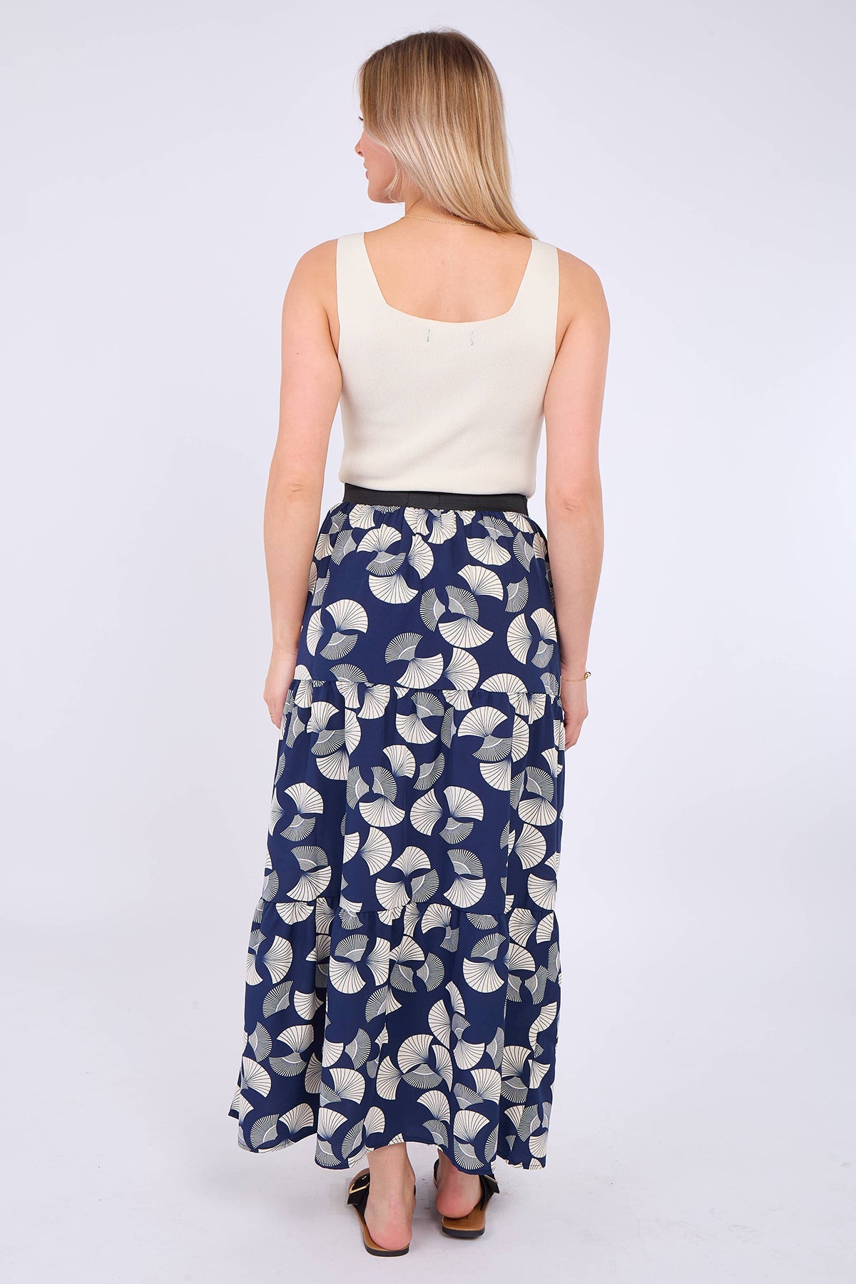 8Pcs Navy Ginkgo Print Tiered Maxi Skirt