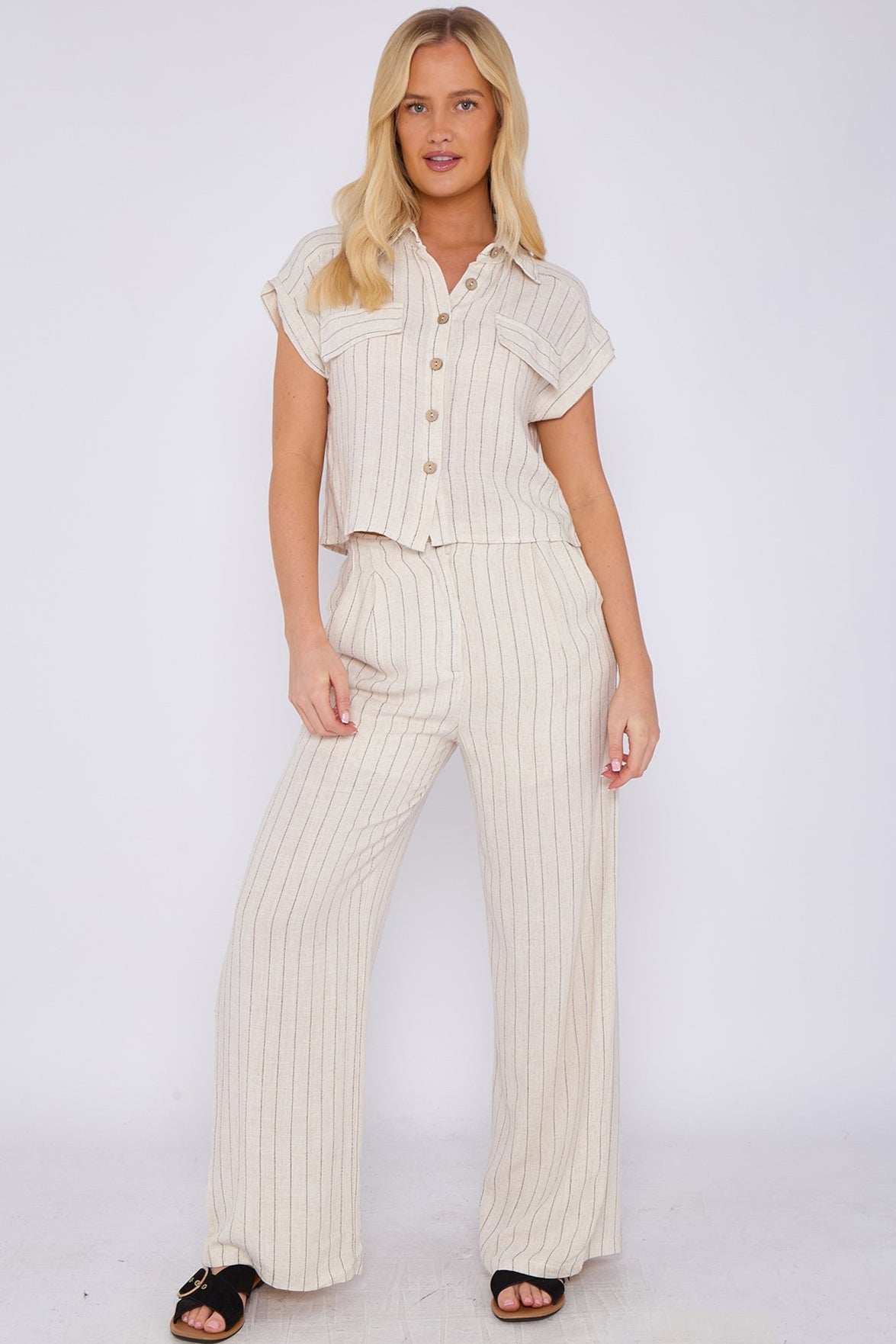 3Sets Stone Striped Cotton Linen Shirt and Trousers set