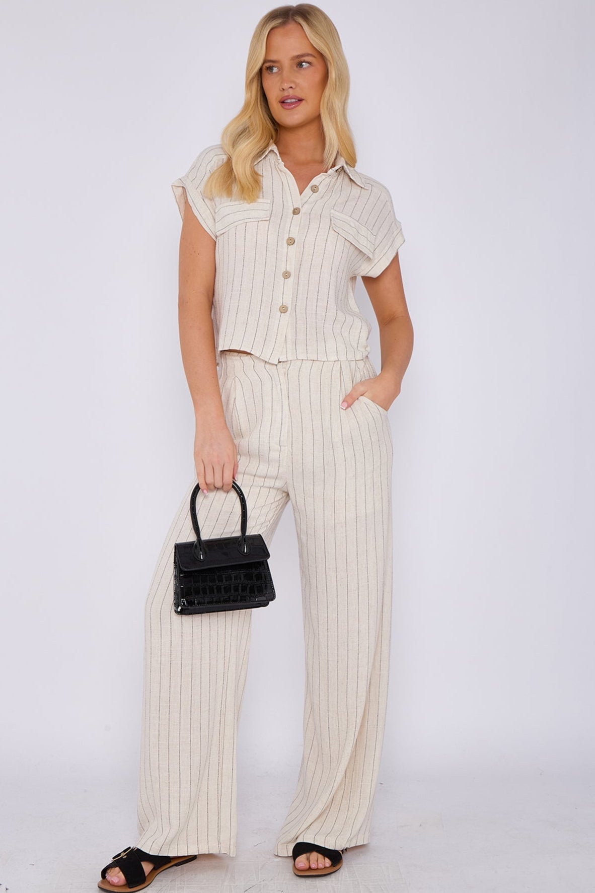 3Sets Stone Striped Cotton Linen Shirt and Trousers set